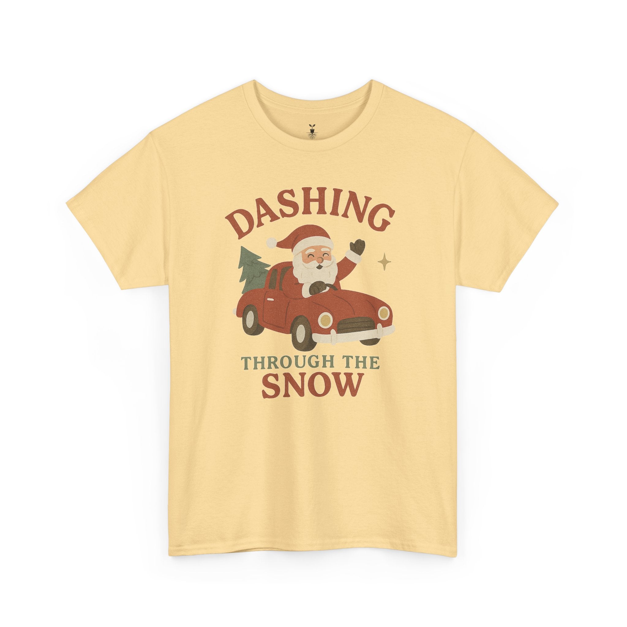 Santa Dashing Through Snow Heavy with Santa, Car, and Christmas Tree Design T-Shirt