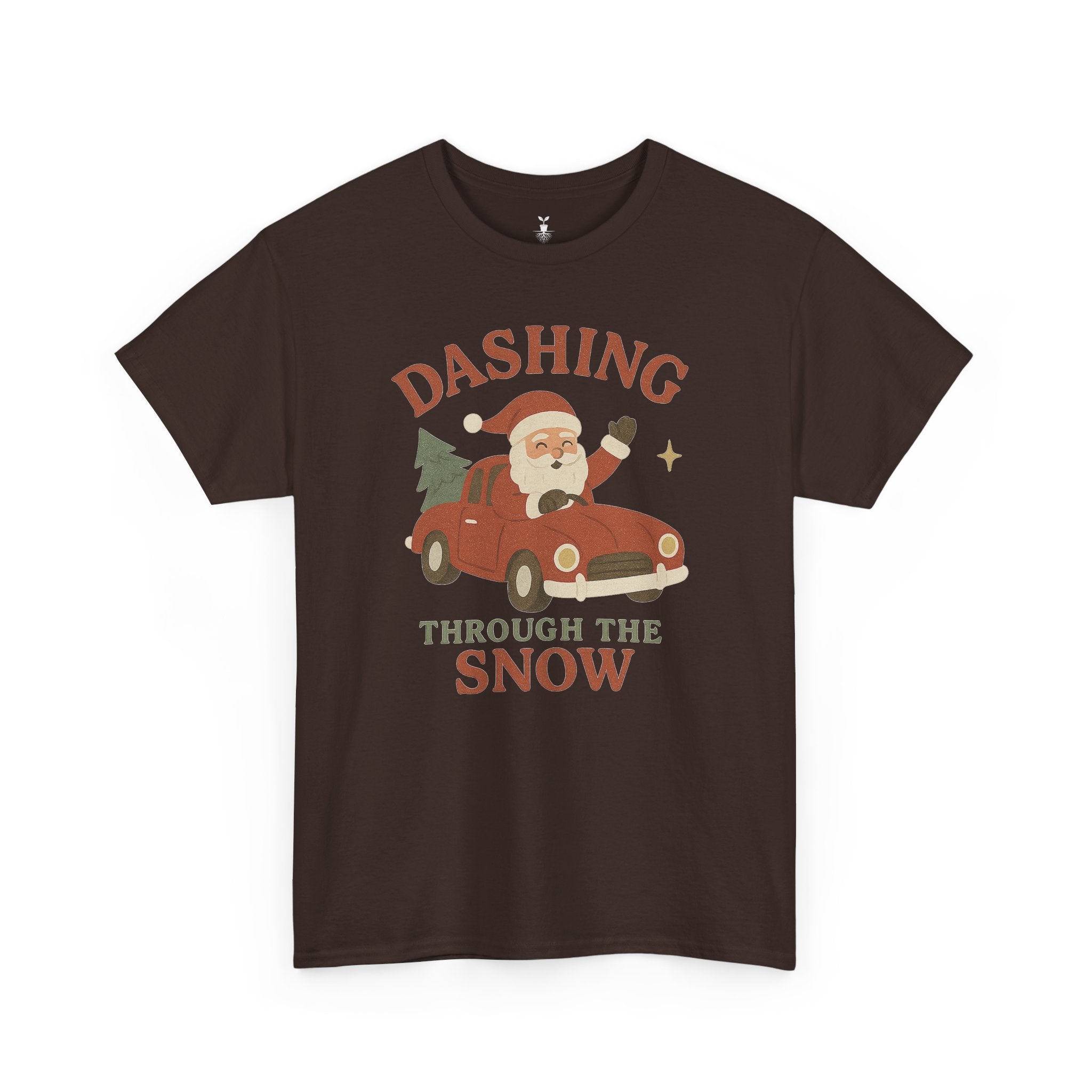 Santa Dashing Through Snow Heavy with Santa, Car, and Christmas Tree Design T-Shirt