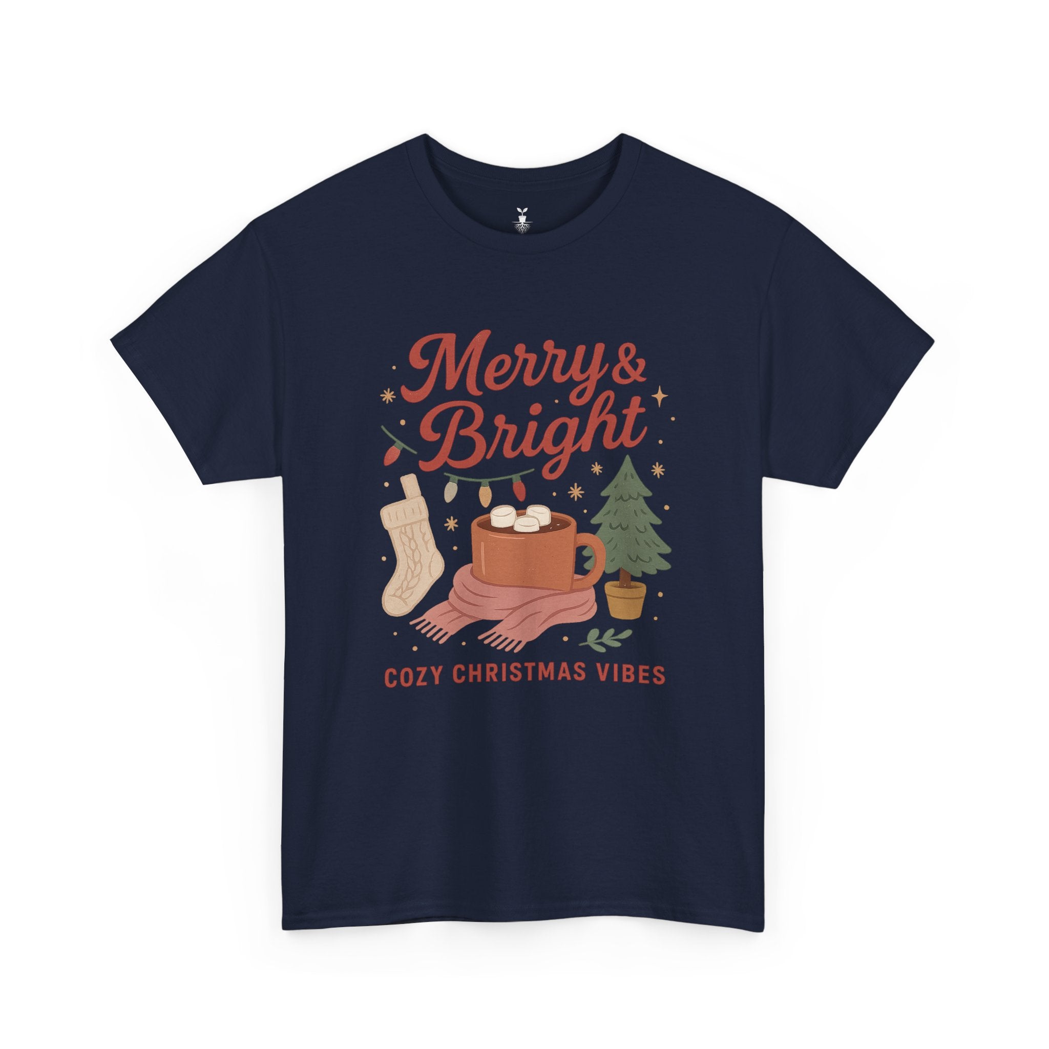 Merry & Bright  Featuring Cocoa Mug, Festive Tree, Autumn Leaves, and Cozy Holiday Vibes T-Shirt