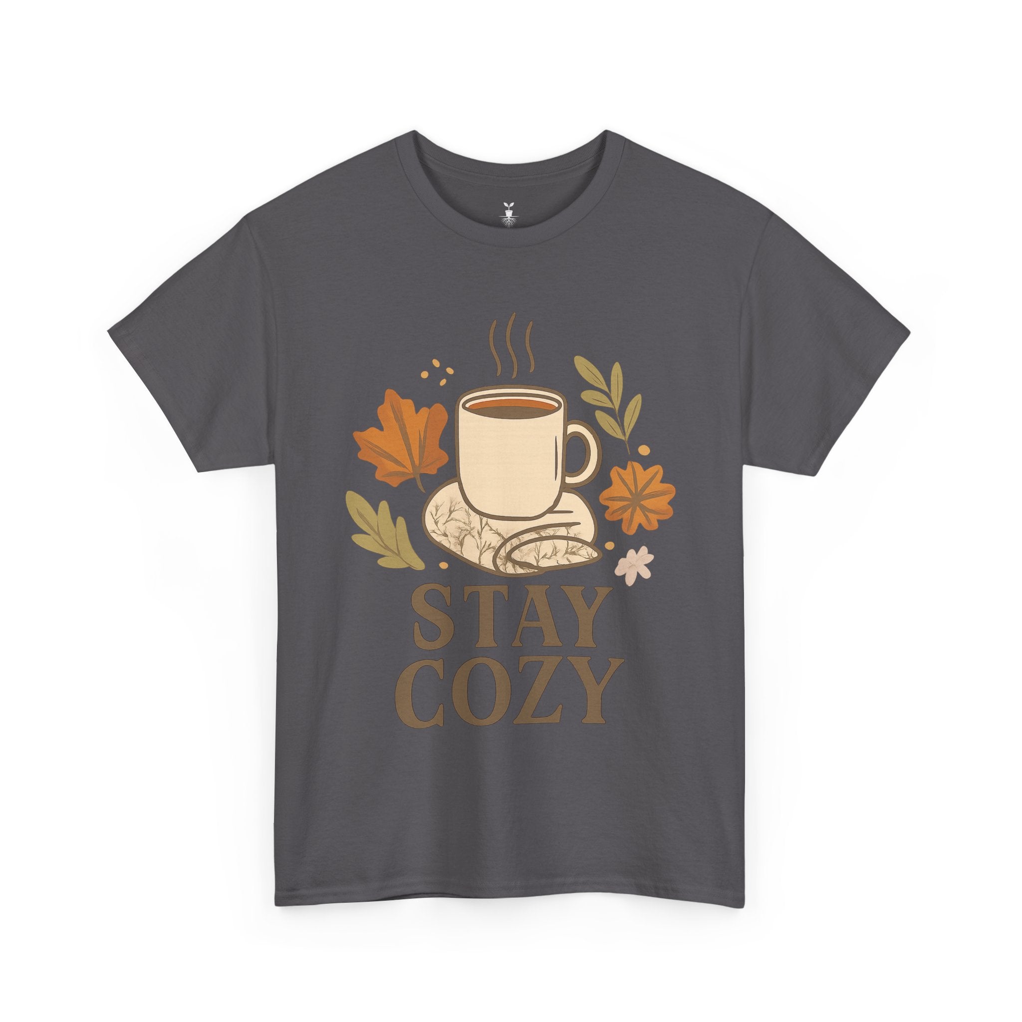 Stay Cozy with Coffee Mug, Blanket, and Falling Leaves T-Shirt