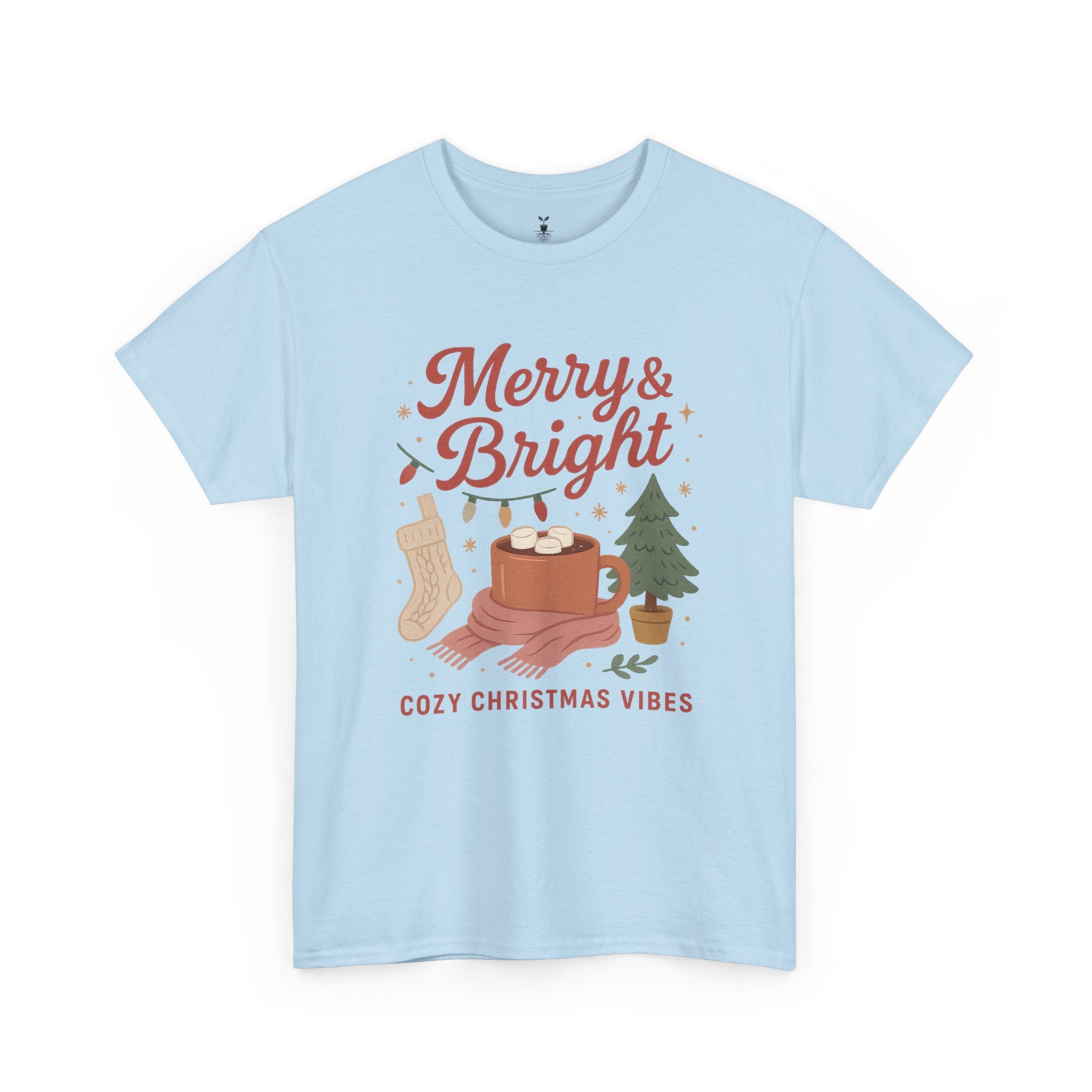 Merry & Bright  Featuring Cocoa Mug, Festive Tree, Autumn Leaves, and Cozy Holiday Vibes T-Shirt