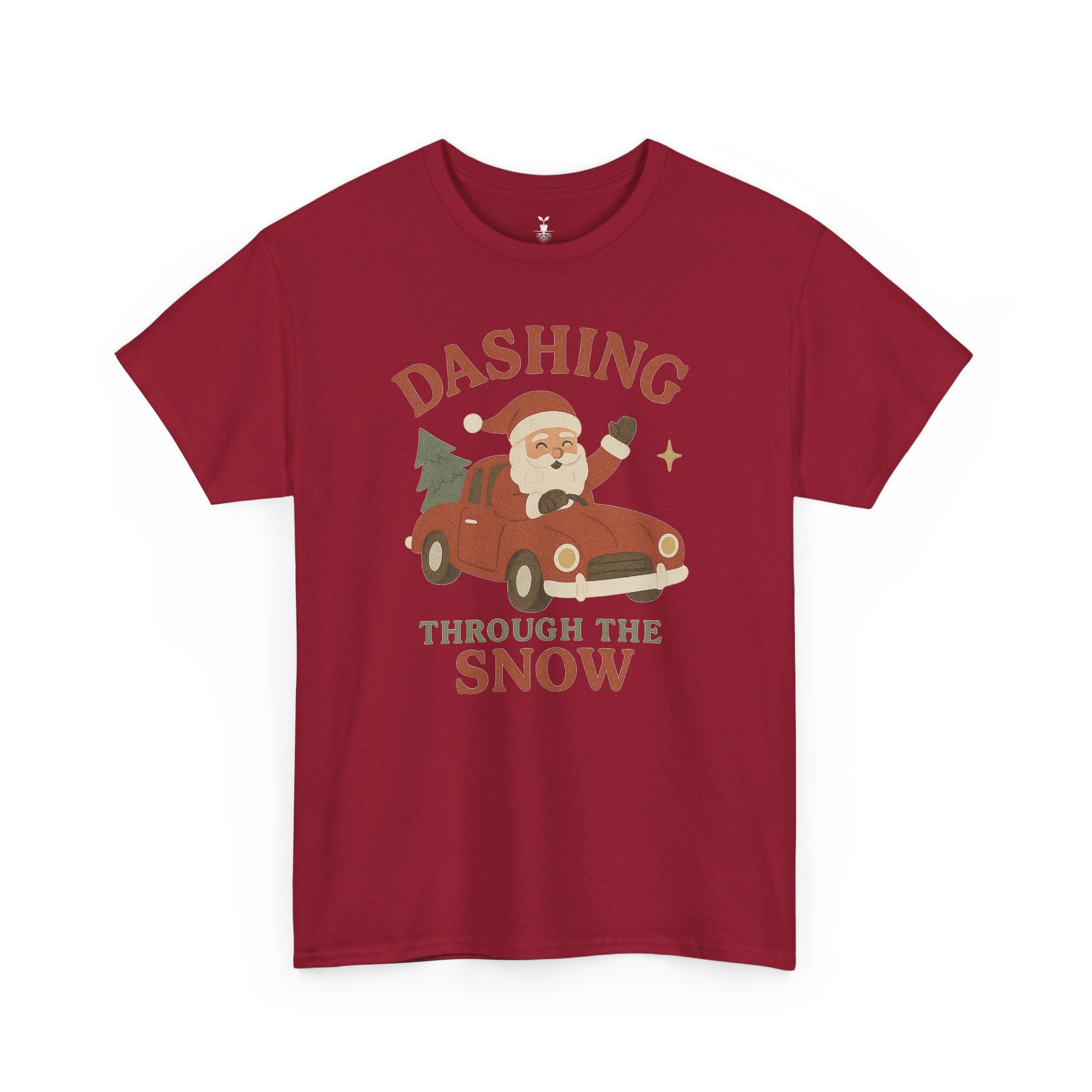 Santa Dashing Through Snow Heavy with Santa, Car, and Christmas Tree Design T-Shirt