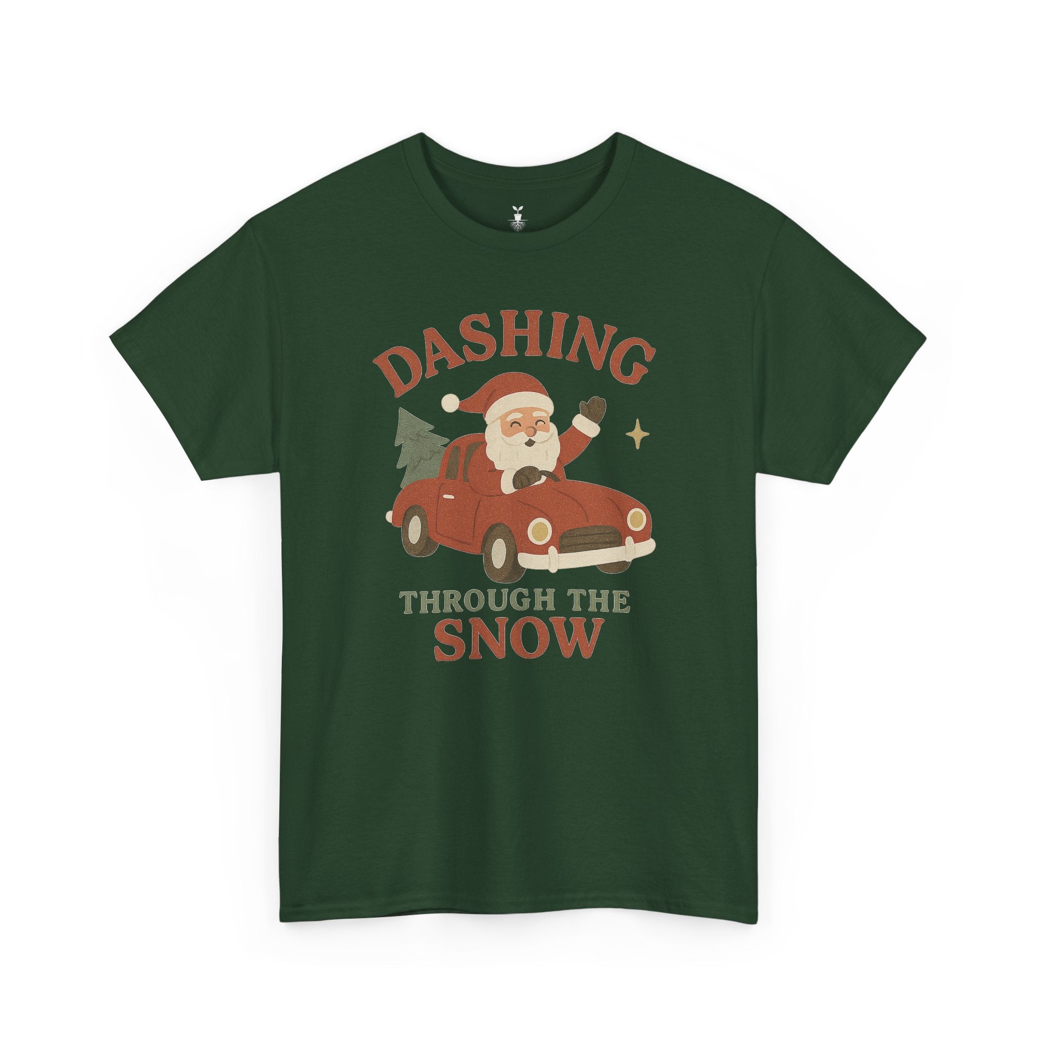 Santa Dashing Through Snow Heavy with Santa, Car, and Christmas Tree Design T-Shirt