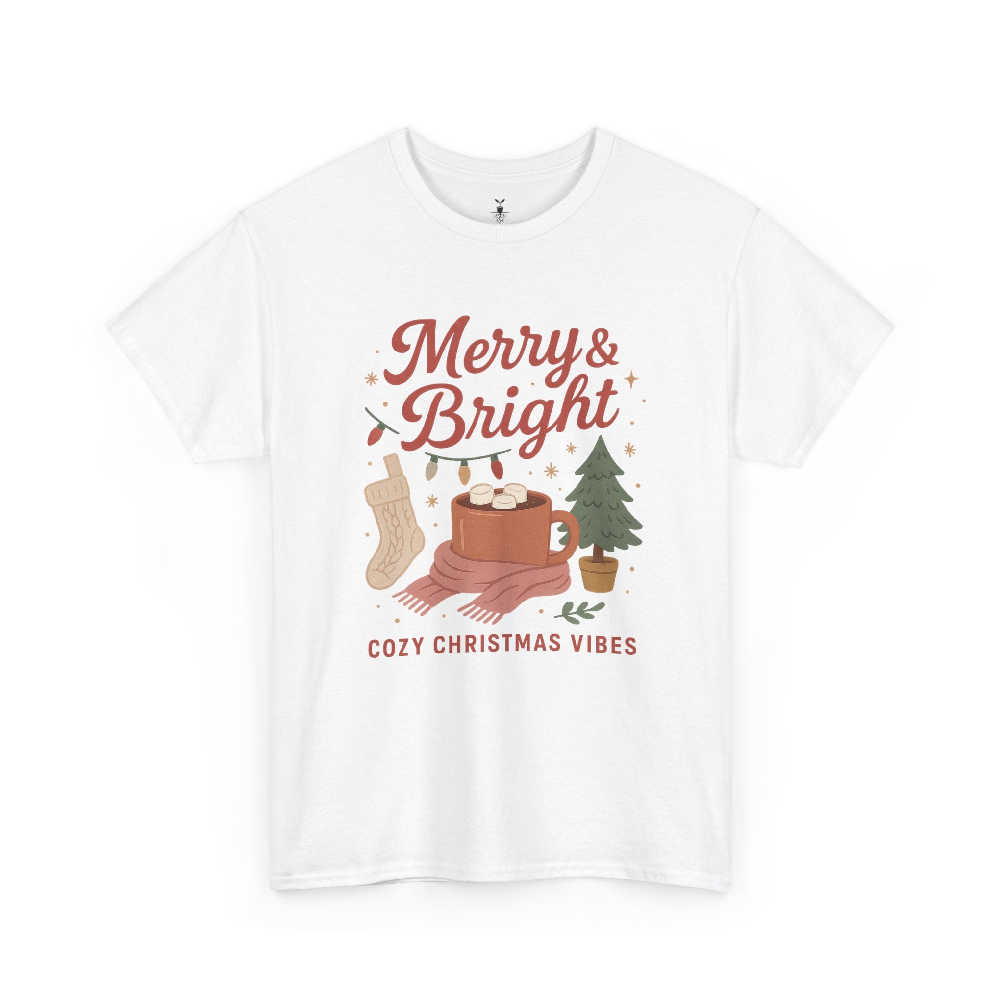 Merry & Bright  Featuring Cocoa Mug, Festive Tree, Autumn Leaves, and Cozy Holiday Vibes T-Shirt