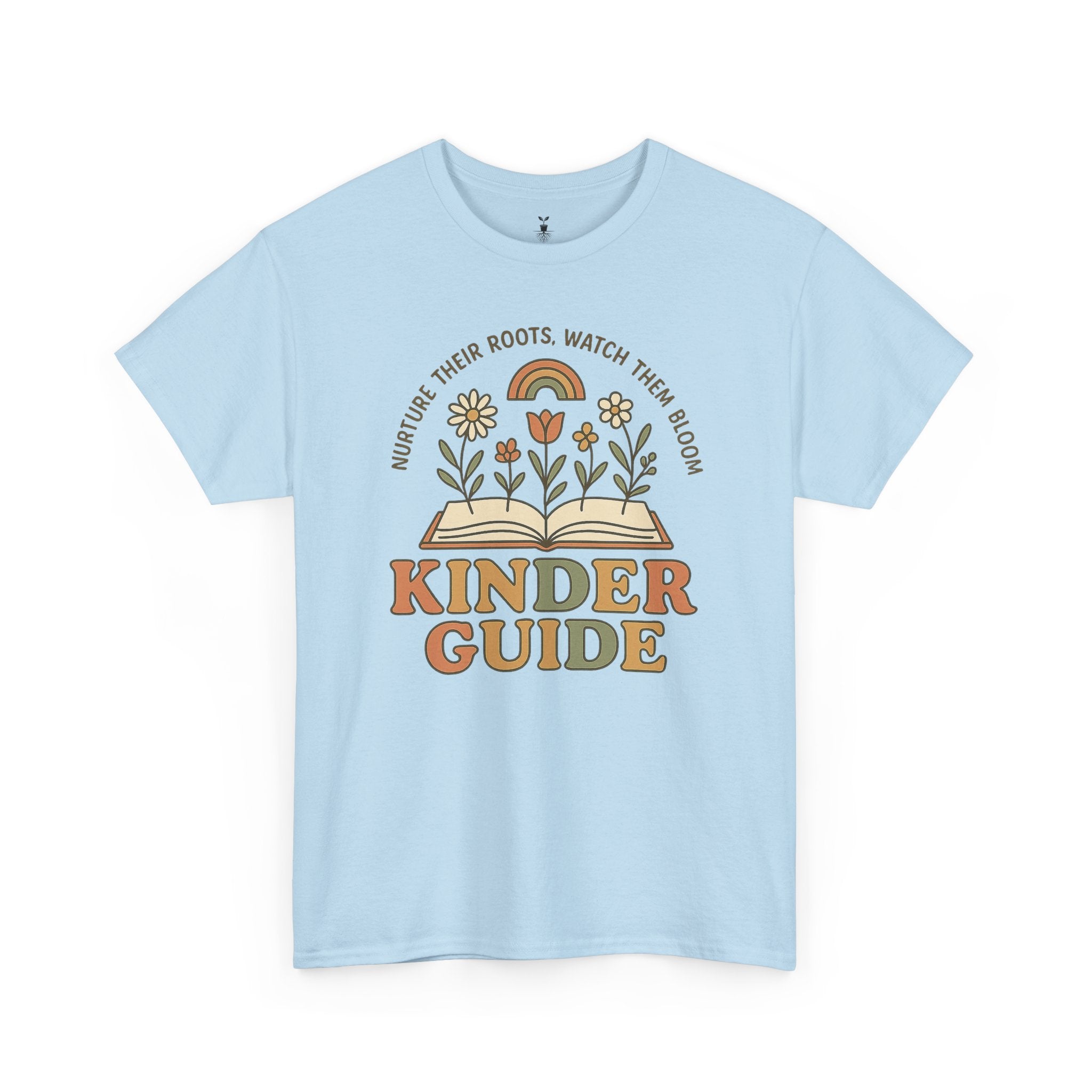 Retro Kinder Guide with Open Book, Blooming Flowers, and Rainbow Inspiration T-Shirt