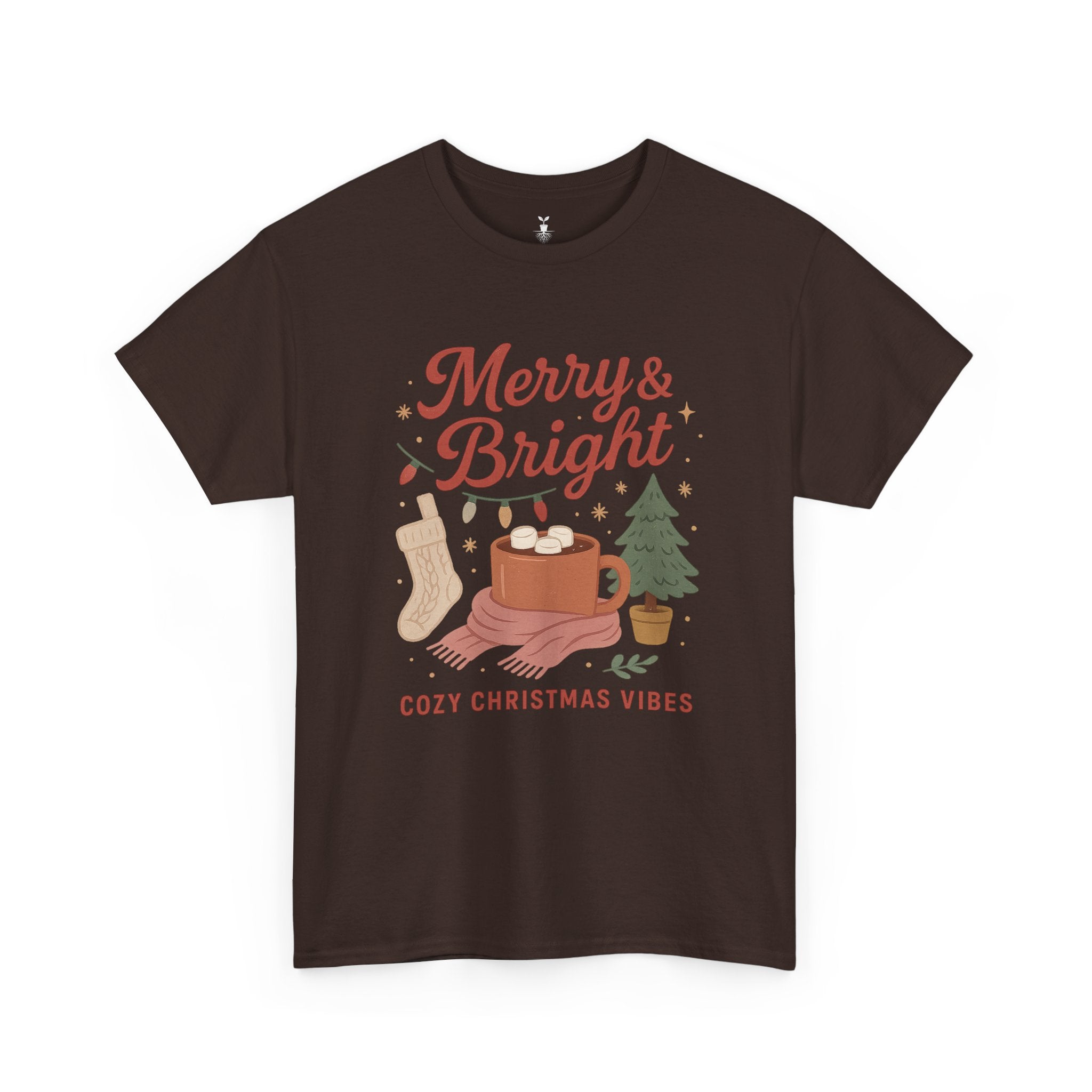 Merry & Bright  Featuring Cocoa Mug, Festive Tree, Autumn Leaves, and Cozy Holiday Vibes T-Shirt