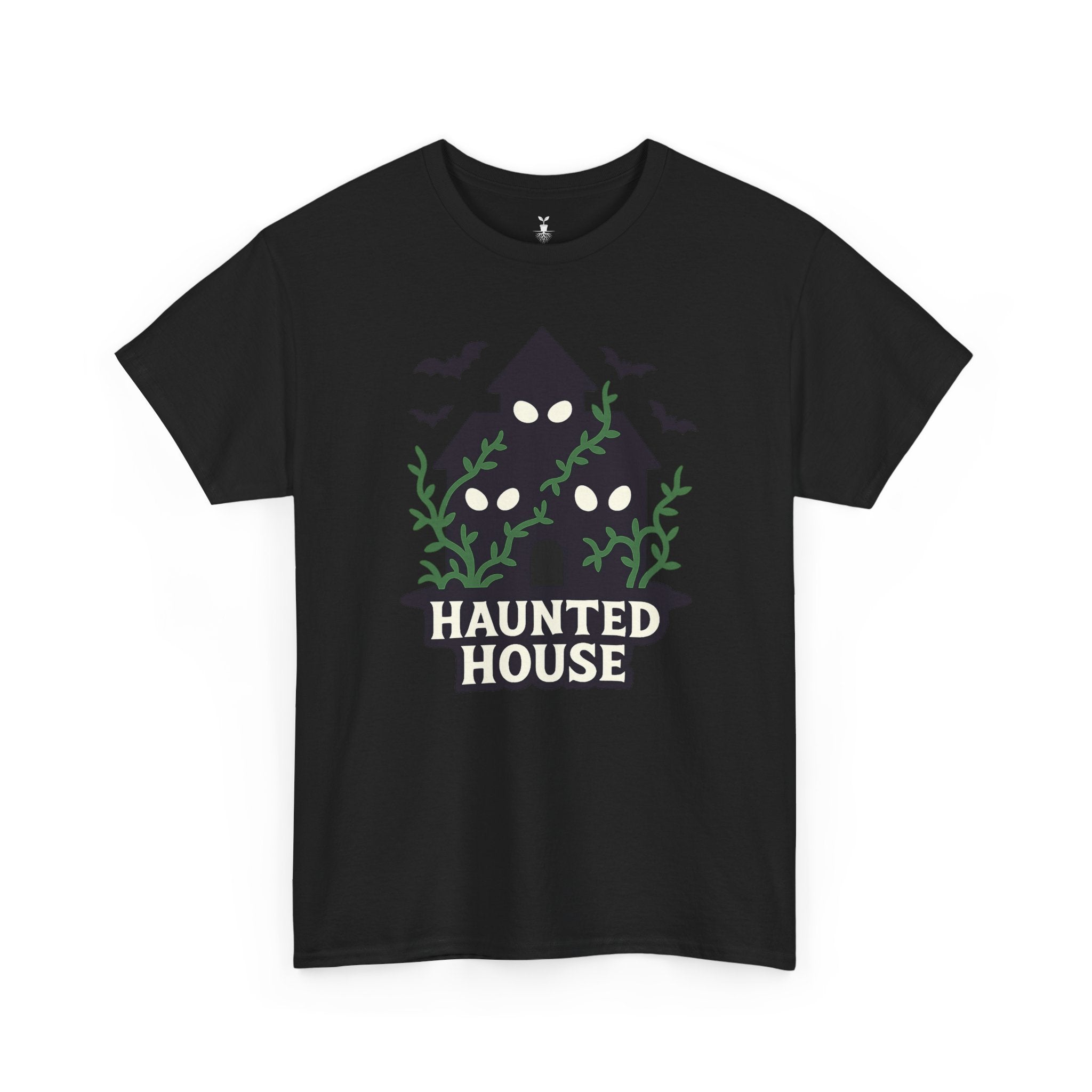 Haunted House with Creepy Eyes, Bats, and Vines Halloween T-Shirt