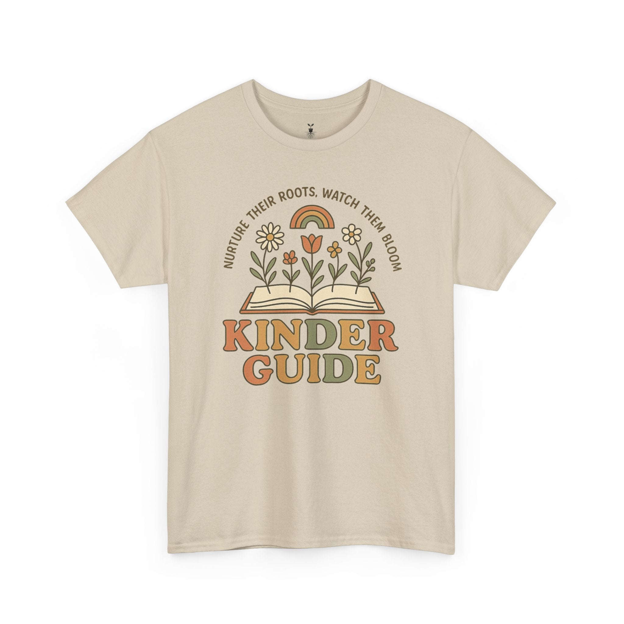 Retro Kinder Guide with Open Book, Blooming Flowers, and Rainbow Inspiration T-Shirt