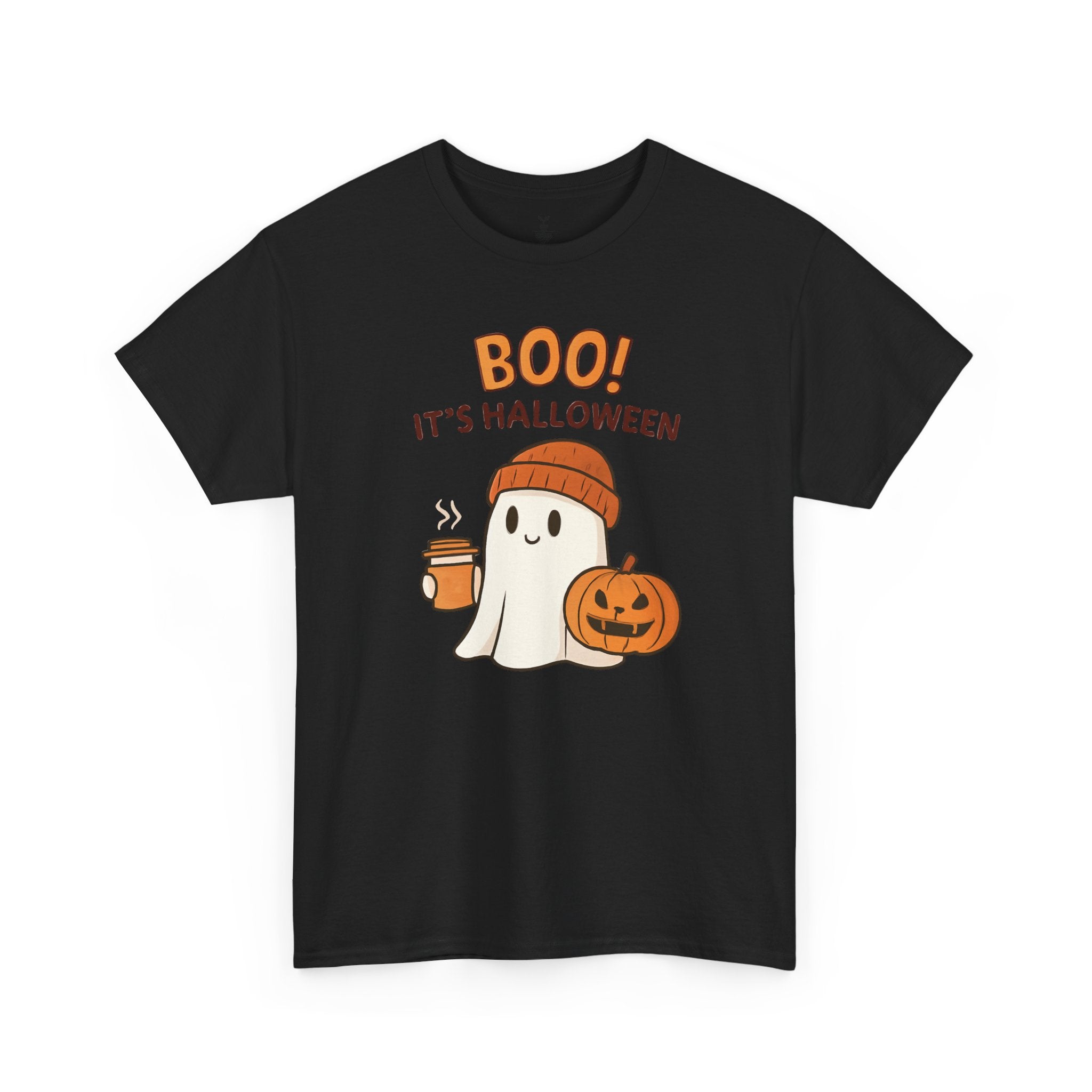 Cute Ghost with Pumpkin and Coffee Cup Boo T-Shirt