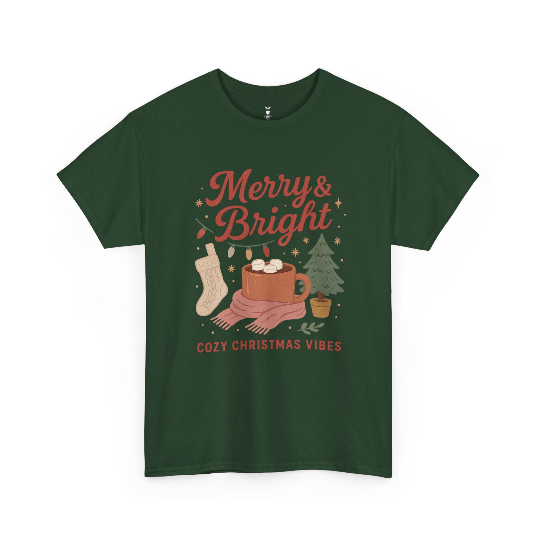 Merry & Bright  Featuring Cocoa Mug, Festive Tree, Autumn Leaves, and Cozy Holiday Vibes T-Shirt