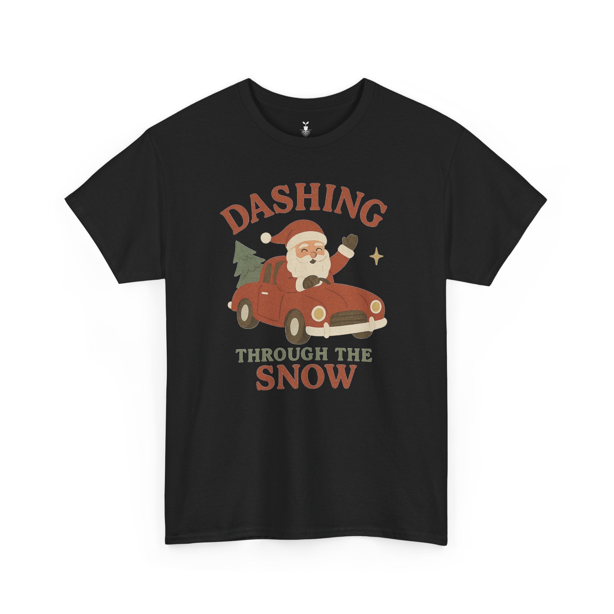 Santa Dashing Through Snow Heavy with Santa, Car, and Christmas Tree Design T-Shirt