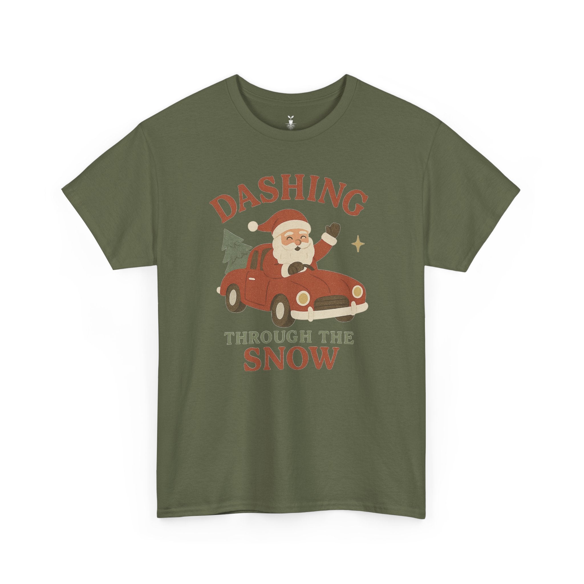 Santa Dashing Through Snow Heavy with Santa, Car, and Christmas Tree Design T-Shirt