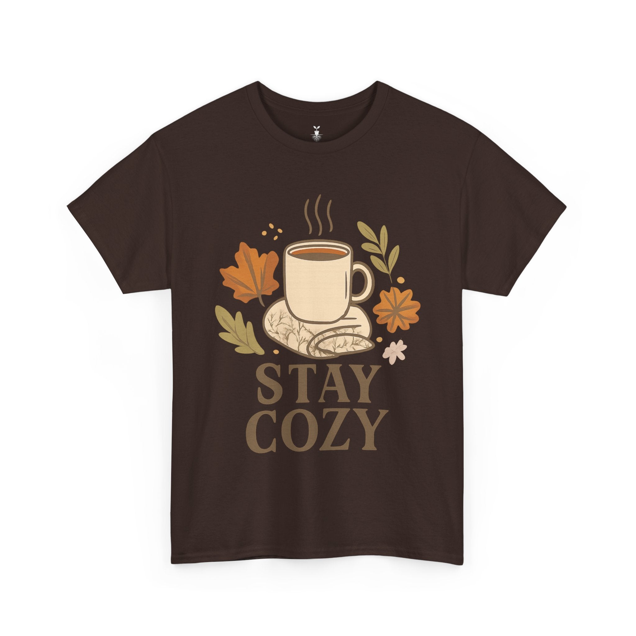 Stay Cozy with Coffee Mug, Blanket, and Falling Leaves T-Shirt