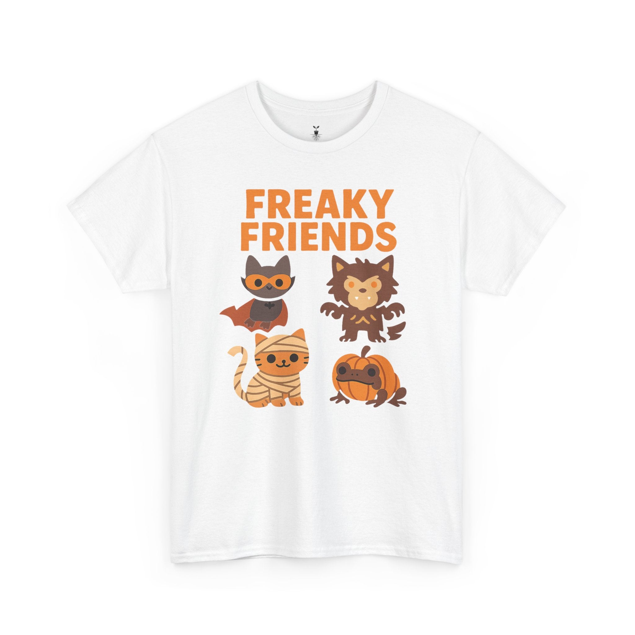 Bat, Mummy Cat, Werewolf & Pumpkin Frog Freaky Friends Halloween T-Shirt