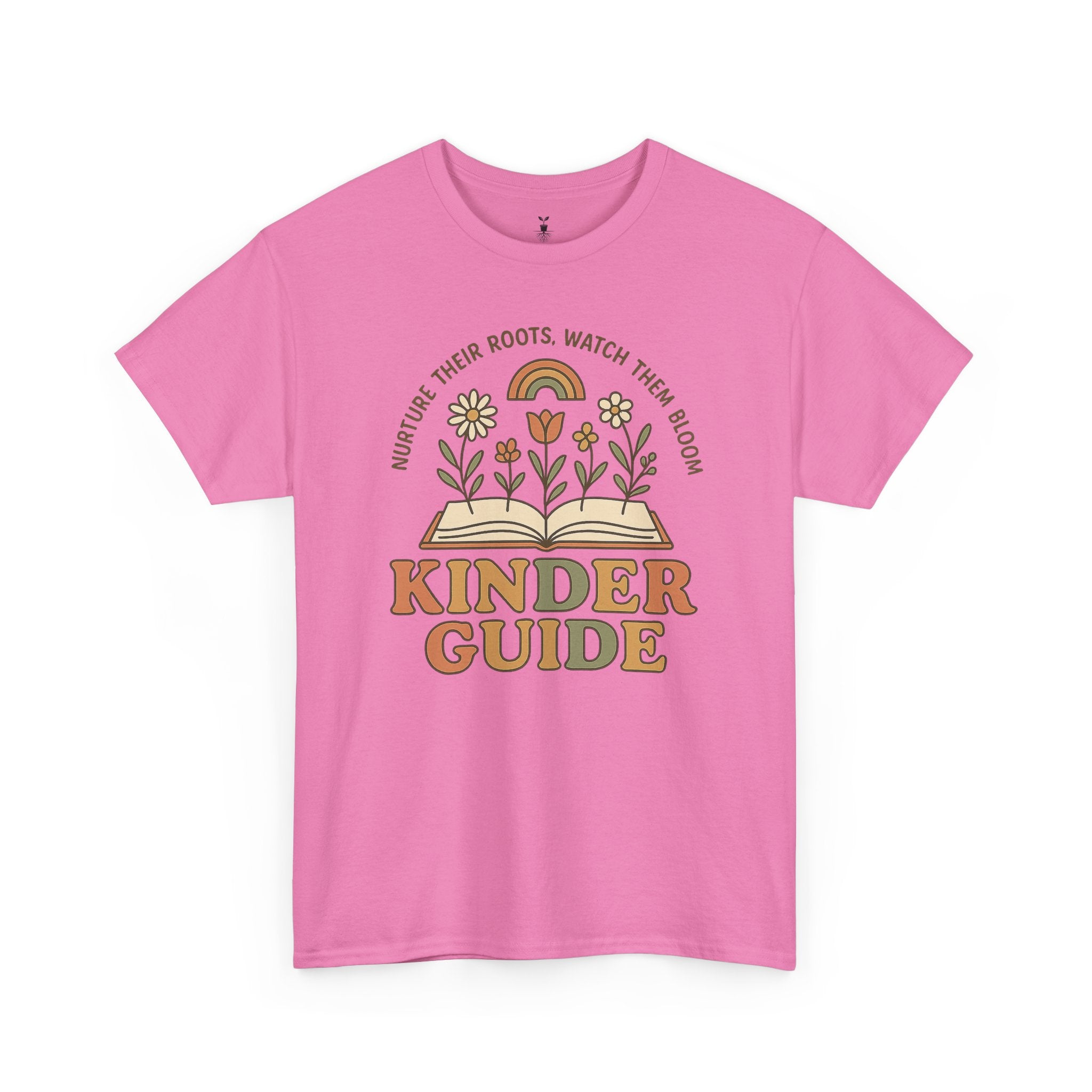 Retro Kinder Guide with Open Book, Blooming Flowers, and Rainbow Inspiration T-Shirt