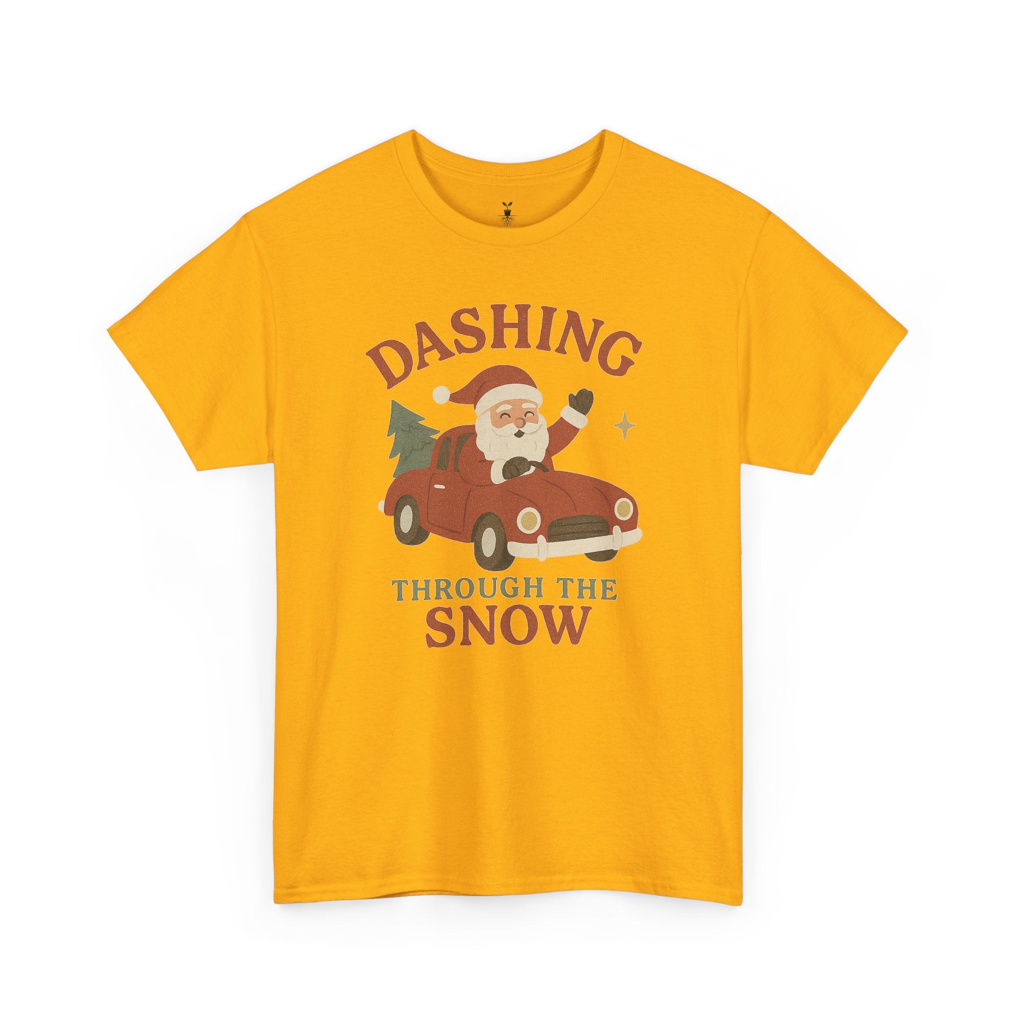 Santa Dashing Through Snow Heavy with Santa, Car, and Christmas Tree Design T-Shirt