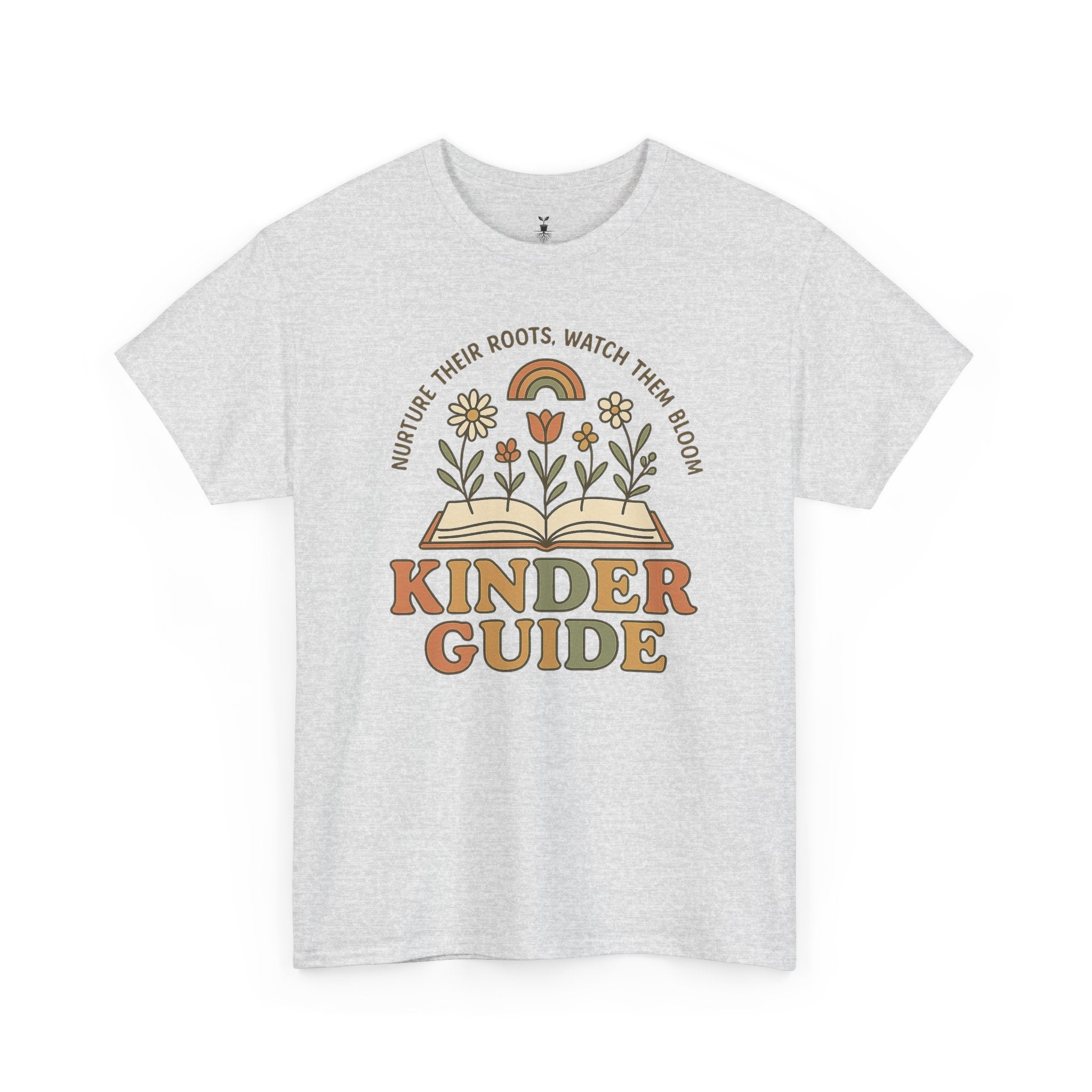 Retro Kinder Guide with Open Book, Blooming Flowers, and Rainbow Inspiration T-Shirt