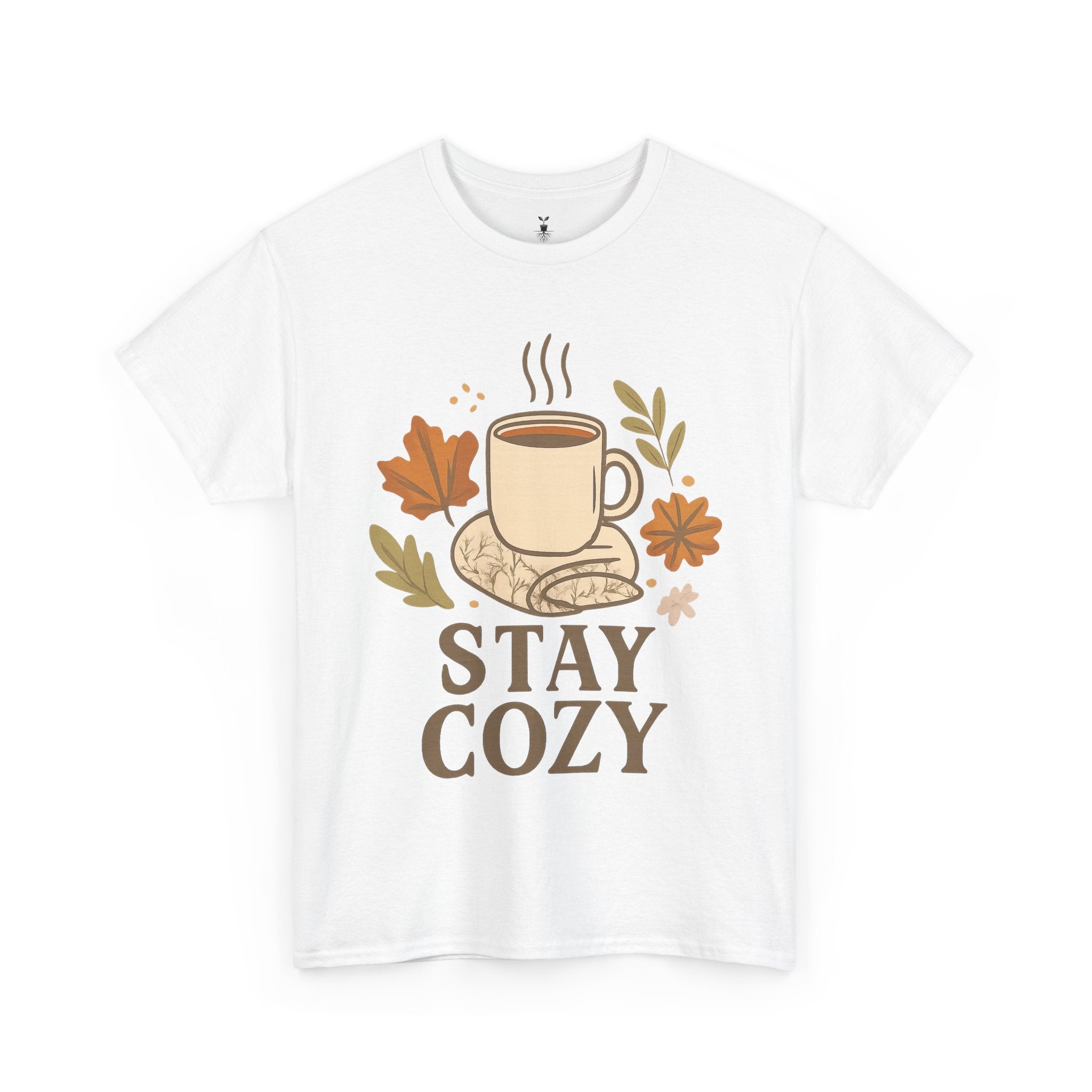 Stay Cozy with Coffee Mug, Blanket, and Falling Leaves T-Shirt