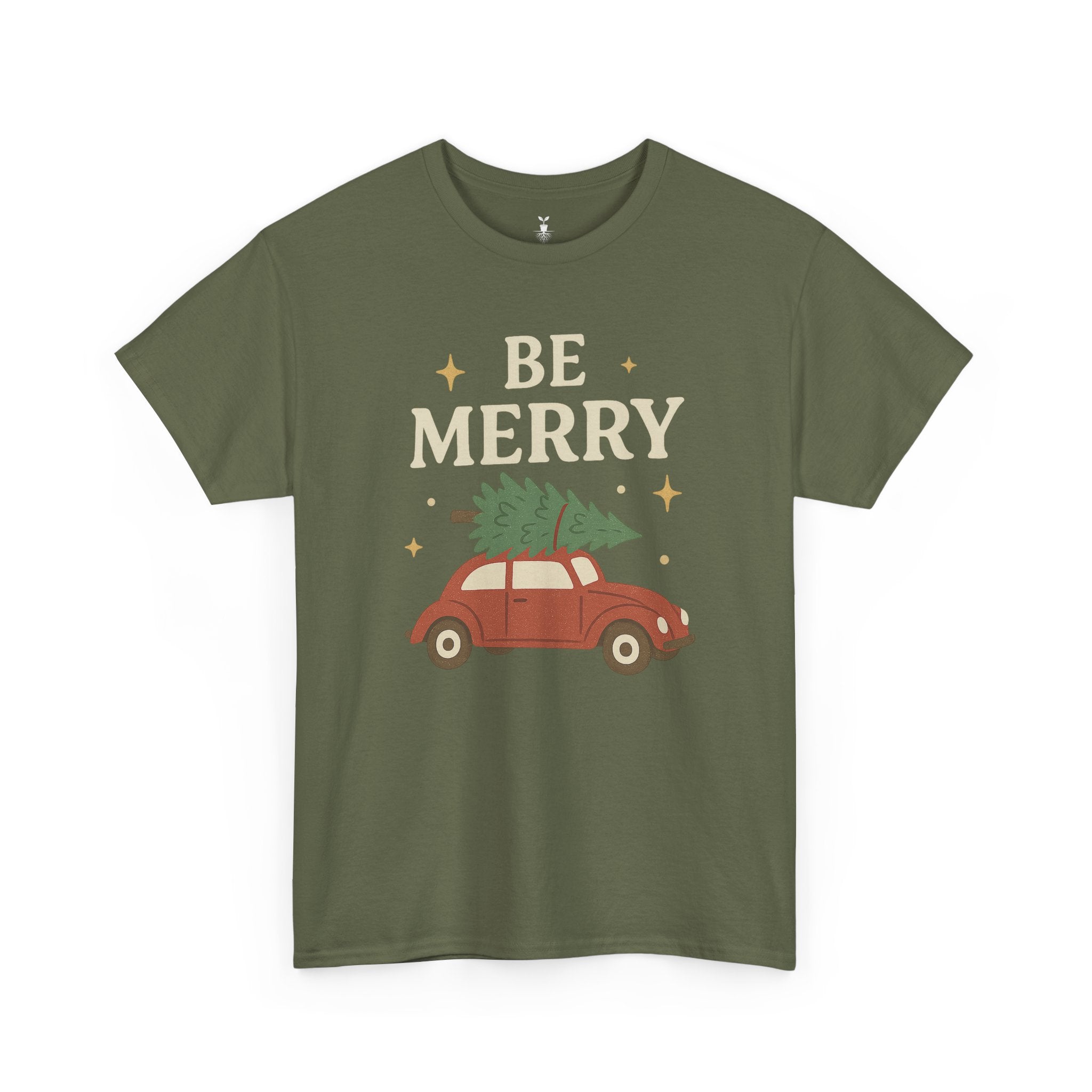 Retro Red Car Carrying Tree and Stars Be Merry Christmas T-Shirt