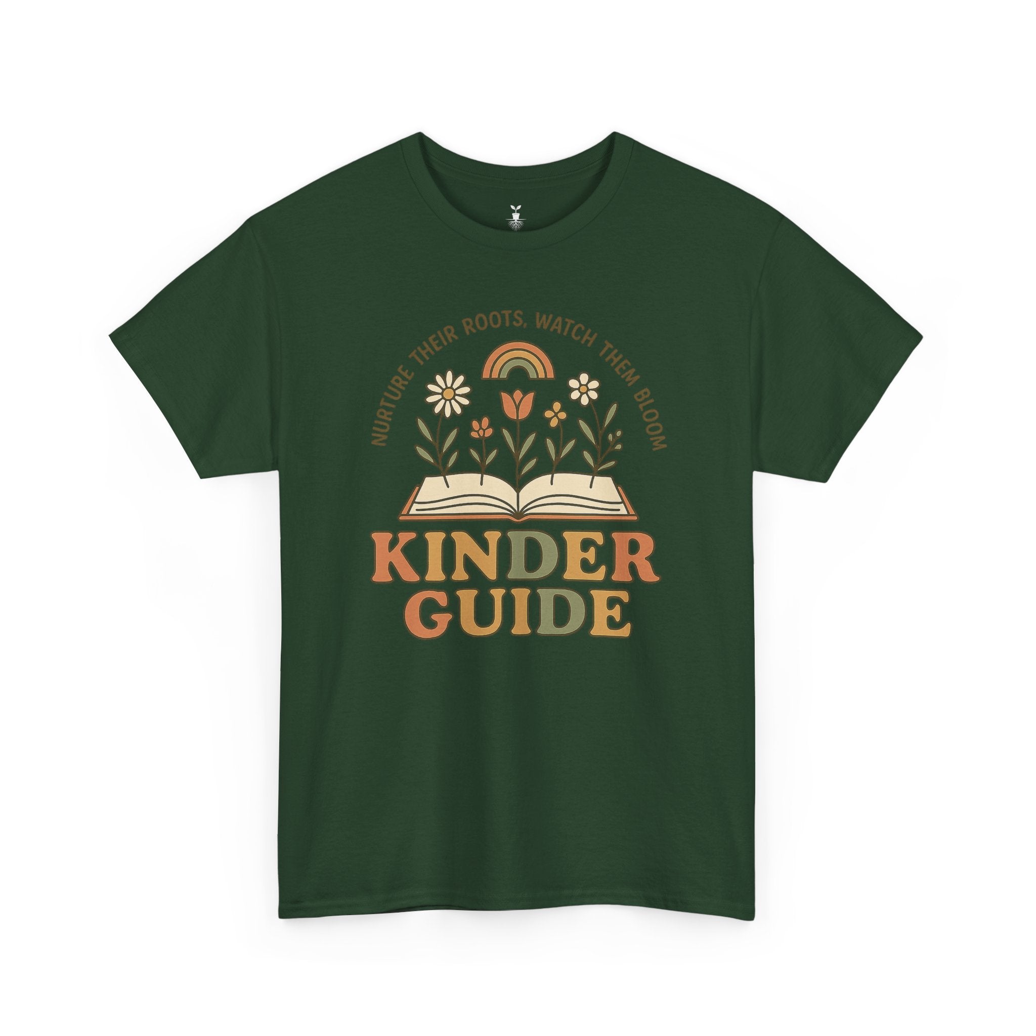 Retro Kinder Guide with Open Book, Blooming Flowers, and Rainbow Inspiration T-Shirt