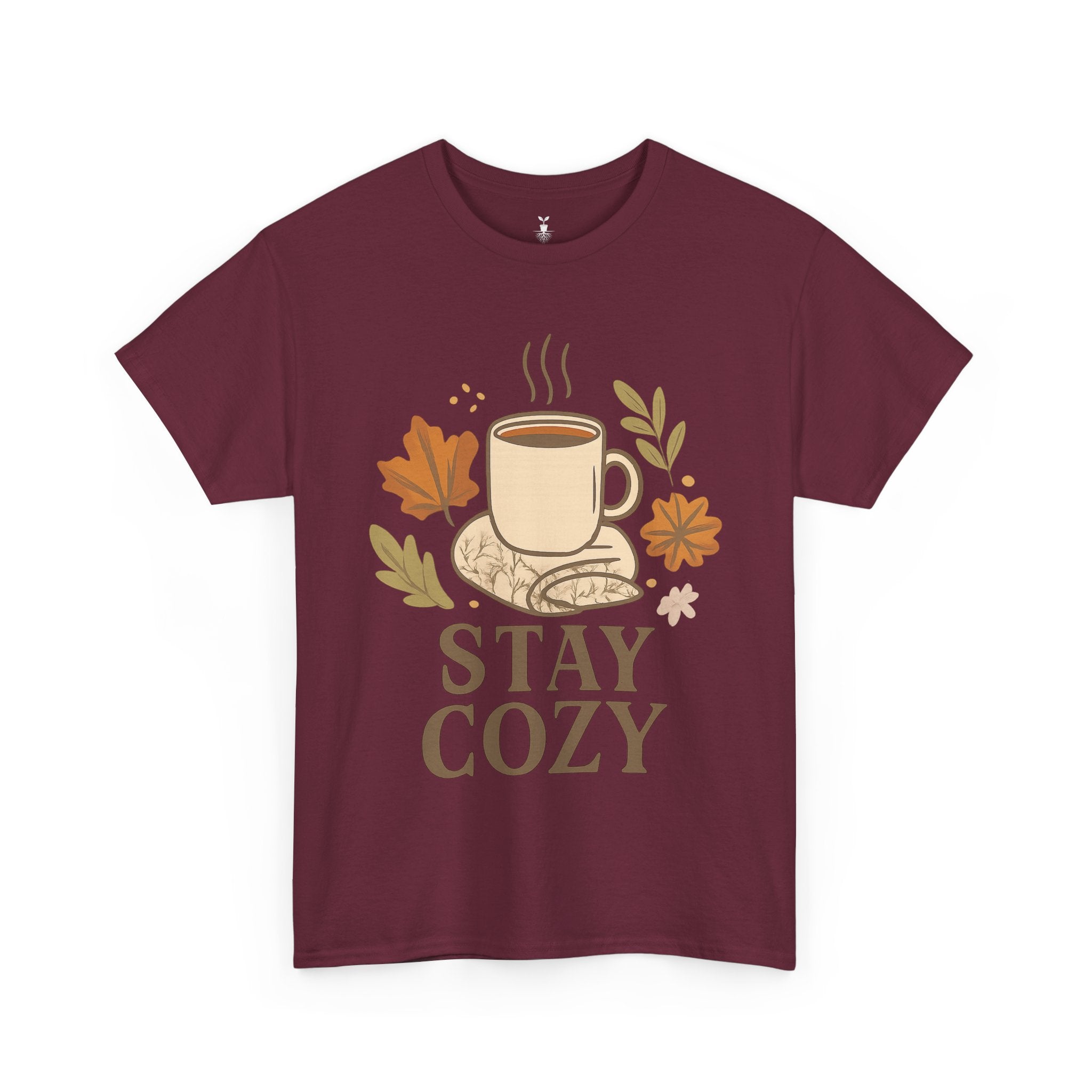 Stay Cozy with Coffee Mug, Blanket, and Falling Leaves T-Shirt