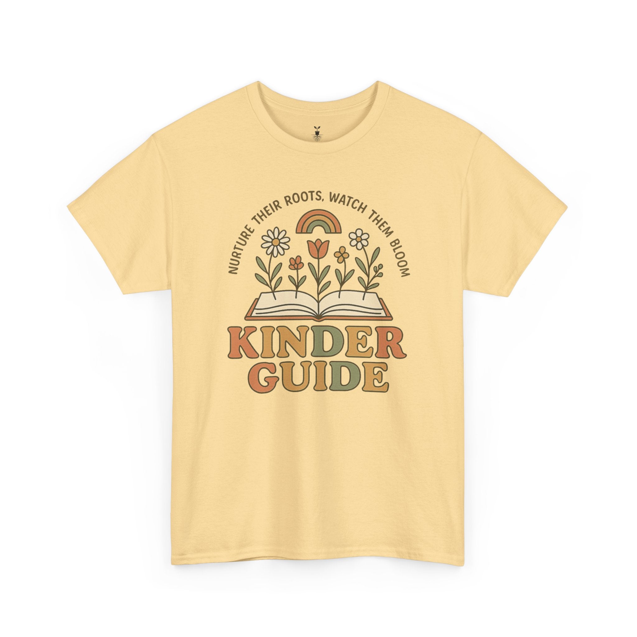 Retro Kinder Guide with Open Book, Blooming Flowers, and Rainbow Inspiration T-Shirt
