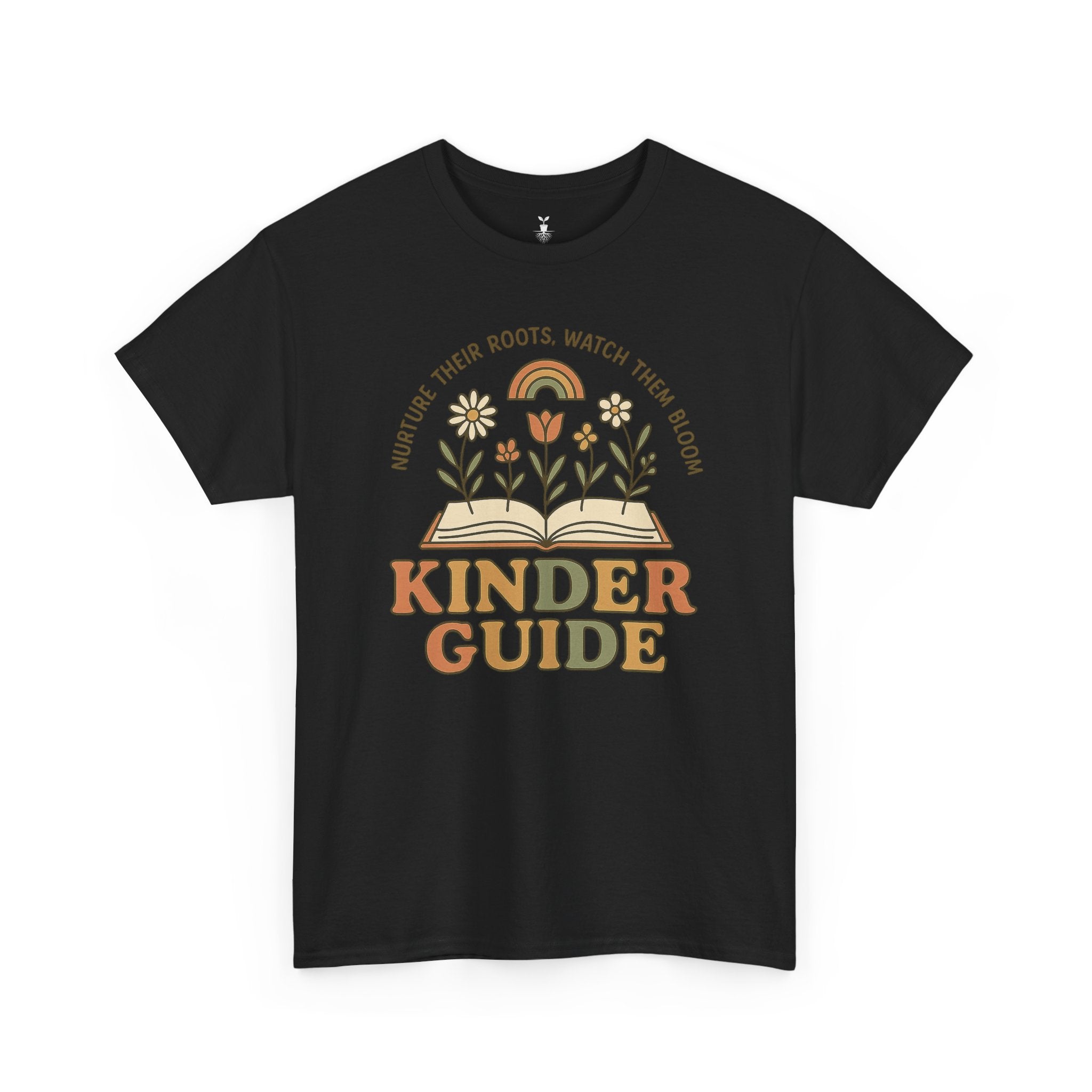 Retro Kinder Guide with Open Book, Blooming Flowers, and Rainbow Inspiration T-Shirt
