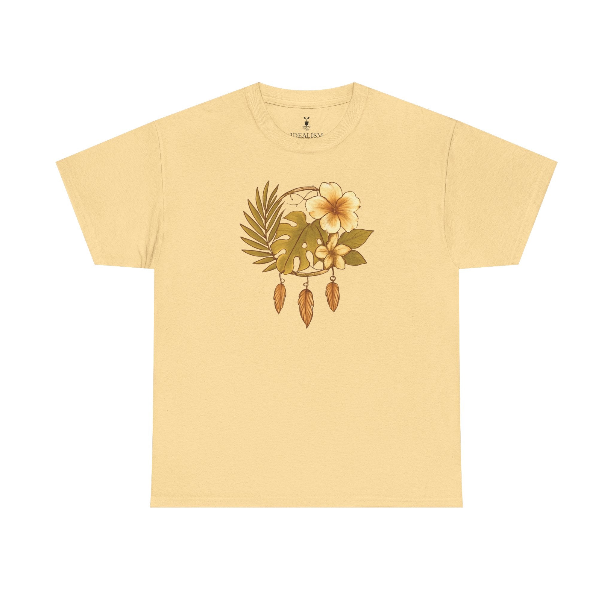 Bohemian Floral Graphic Tee – Tropical Hibiscus with Monstera Leaves and Feathers Design, Aesthetic Nature Shirt