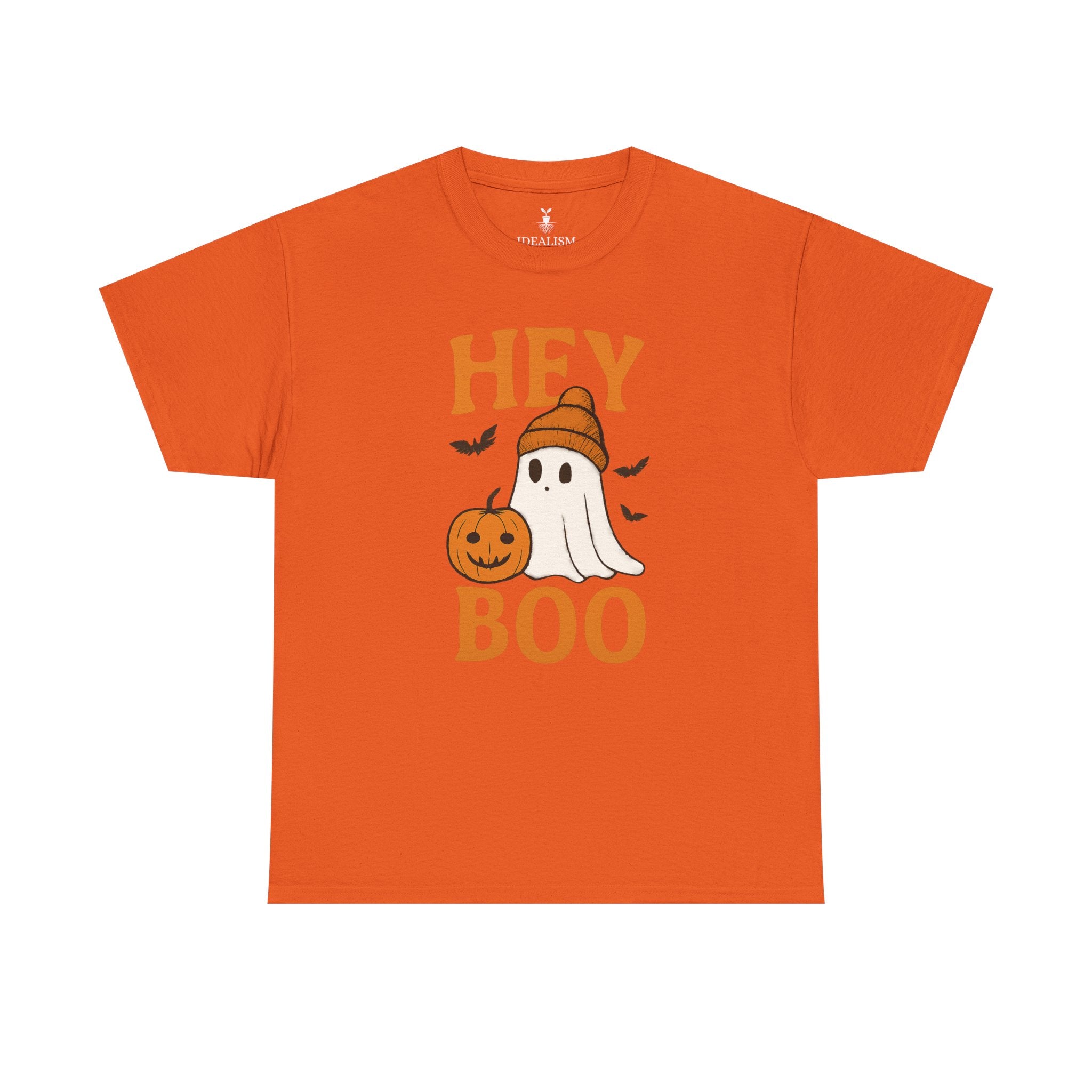 Cute Hey Boo Ghost T-Shirt – Funny Halloween Graphic Tee with Pumpkin Artwork and Spooky Season Aesthetic Design