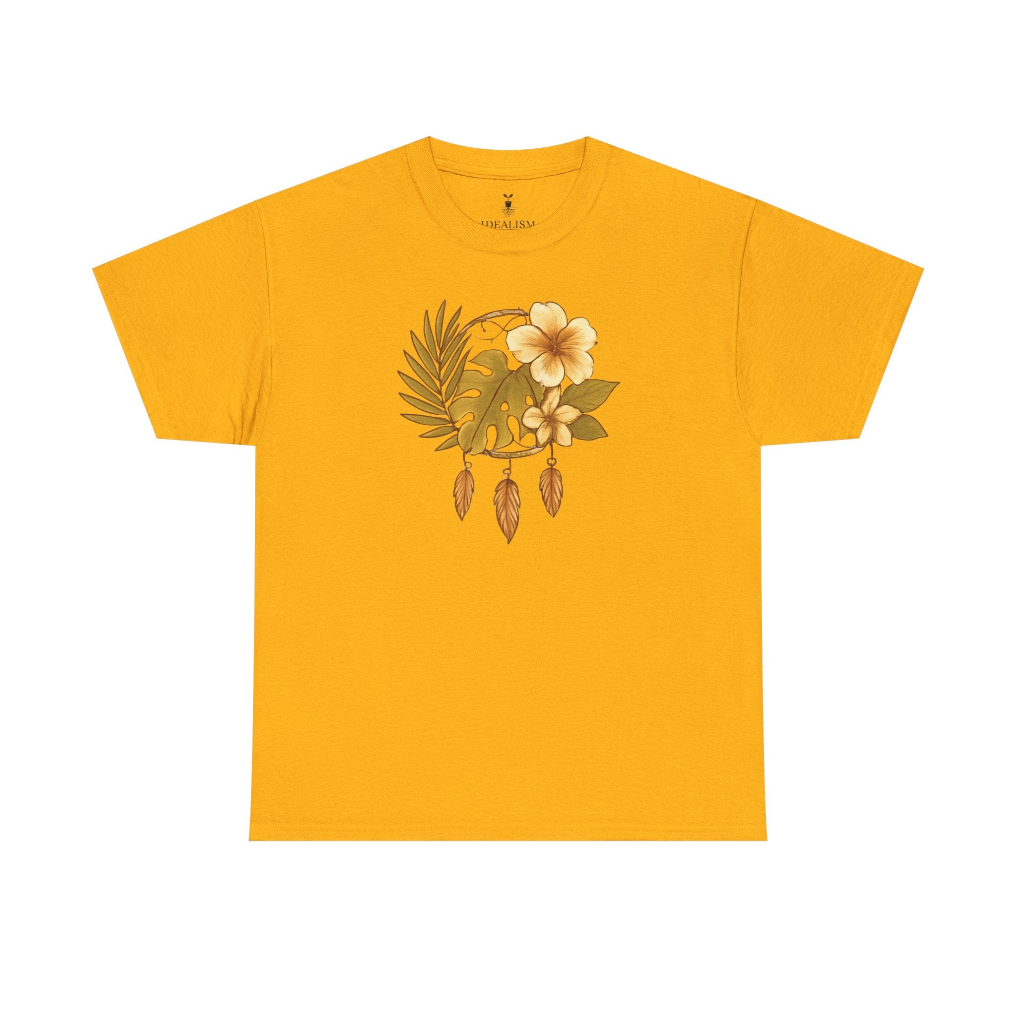 Bohemian Floral Graphic Tee – Tropical Hibiscus with Monstera Leaves and Feathers Design, Aesthetic Nature Shirt