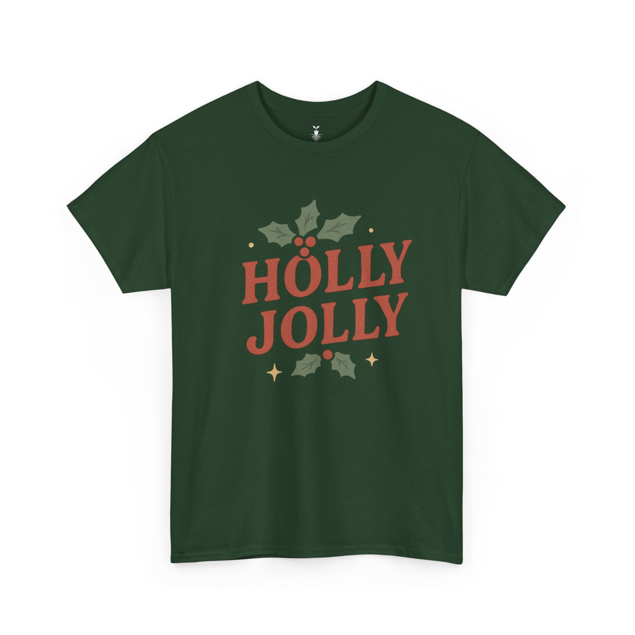 Holly Jolly Christmas with Festive Holly Leaves, Red Berries, and Golden Stars T-shirt