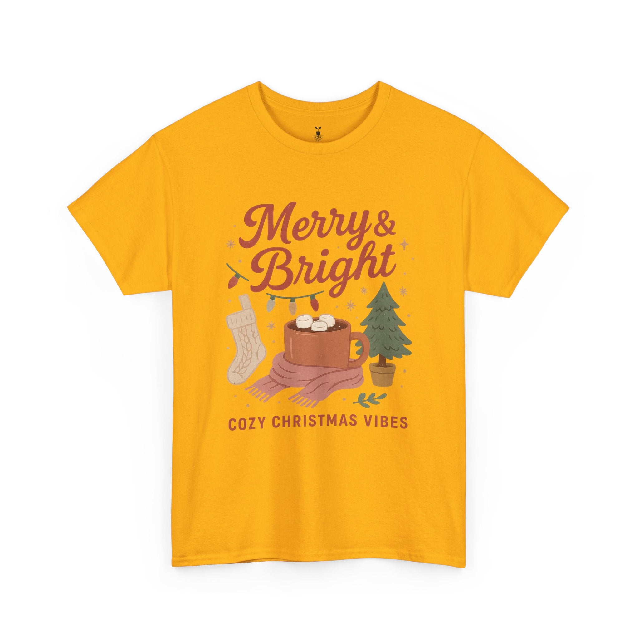 Merry & Bright  Featuring Cocoa Mug, Festive Tree, Autumn Leaves, and Cozy Holiday Vibes T-Shirt