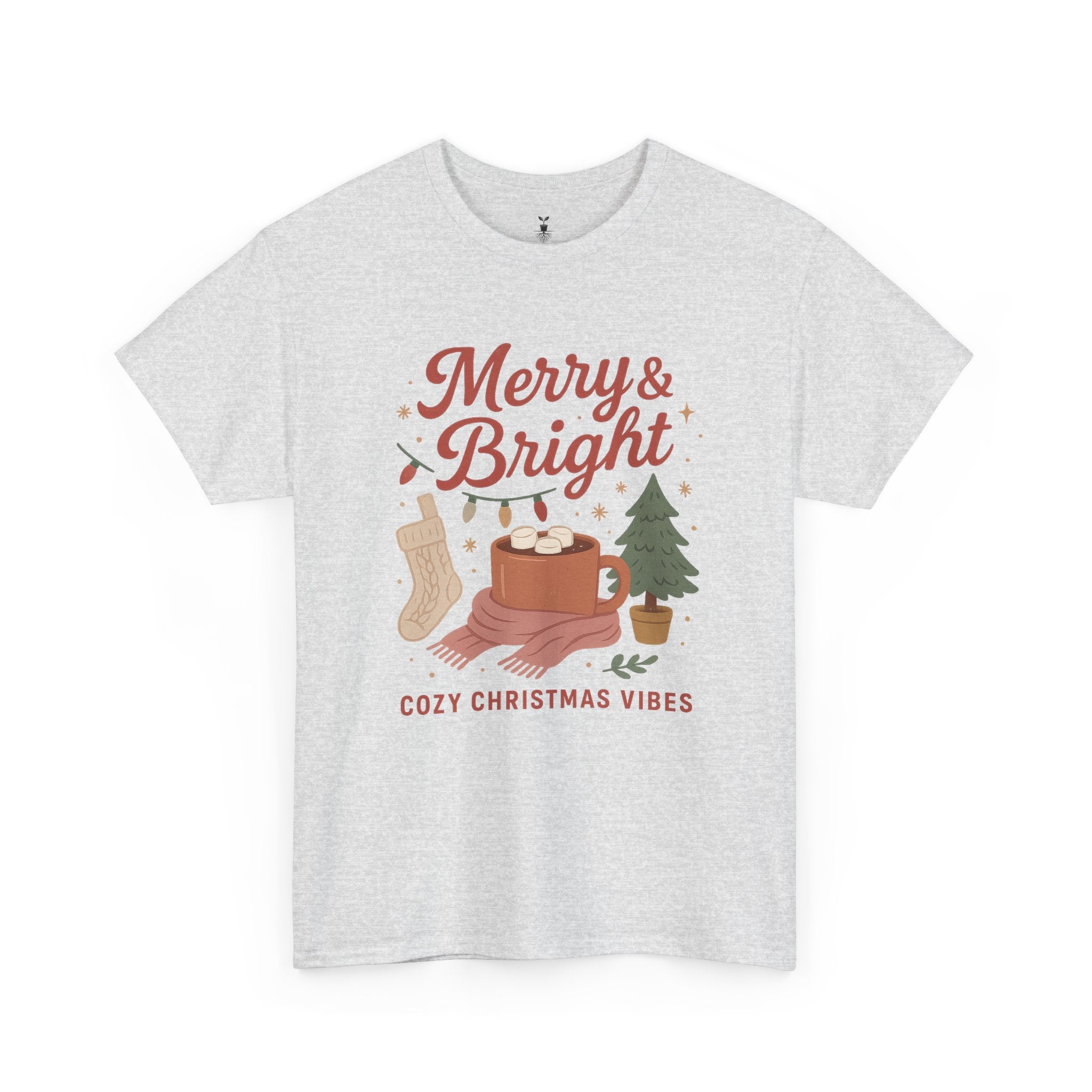 Merry & Bright  Featuring Cocoa Mug, Festive Tree, Autumn Leaves, and Cozy Holiday Vibes T-Shirt