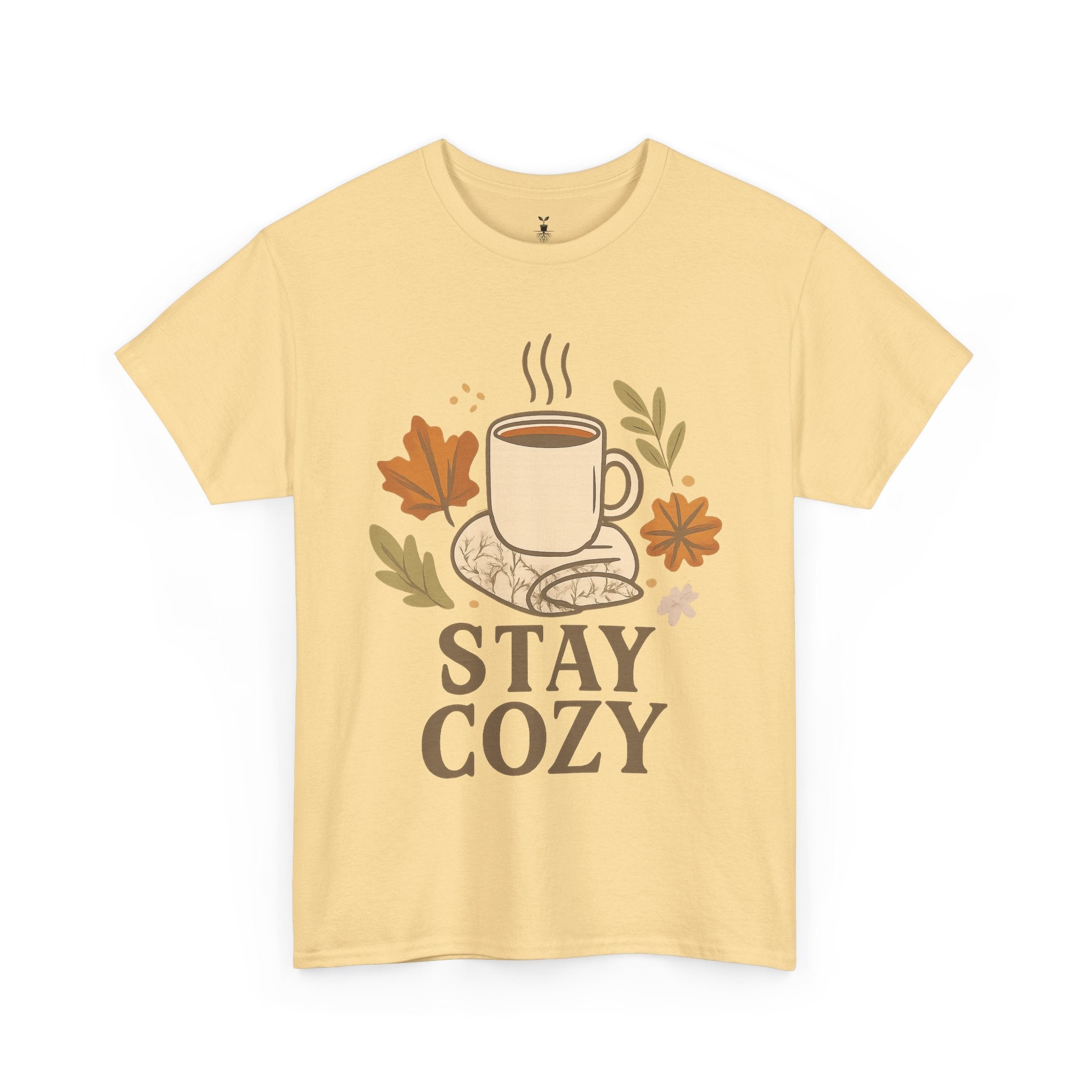 Stay Cozy with Coffee Mug, Blanket, and Falling Leaves T-Shirt