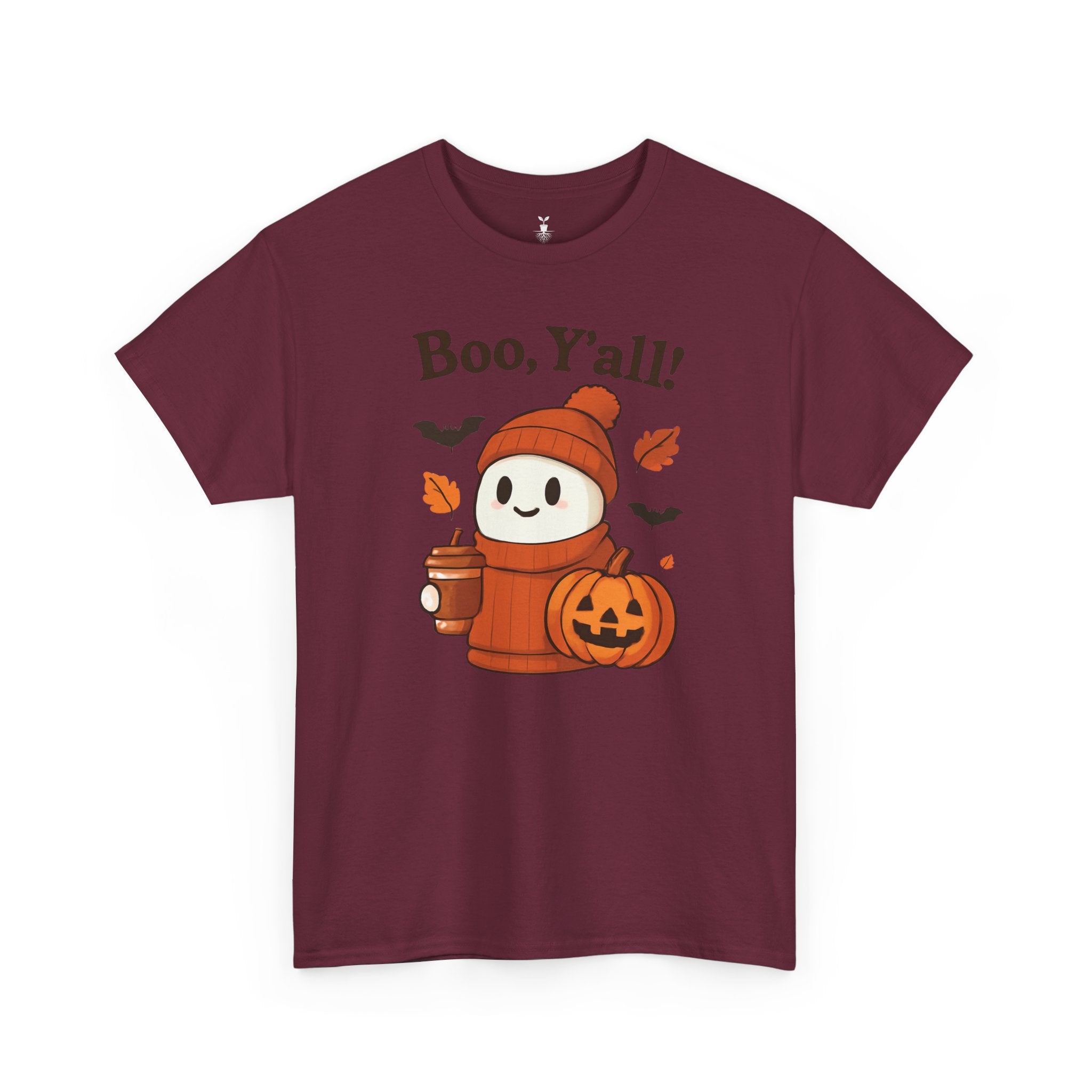 Cute Ghost with Pumpkin and Coffee Cup Boo Y’all Halloween T-Shirt