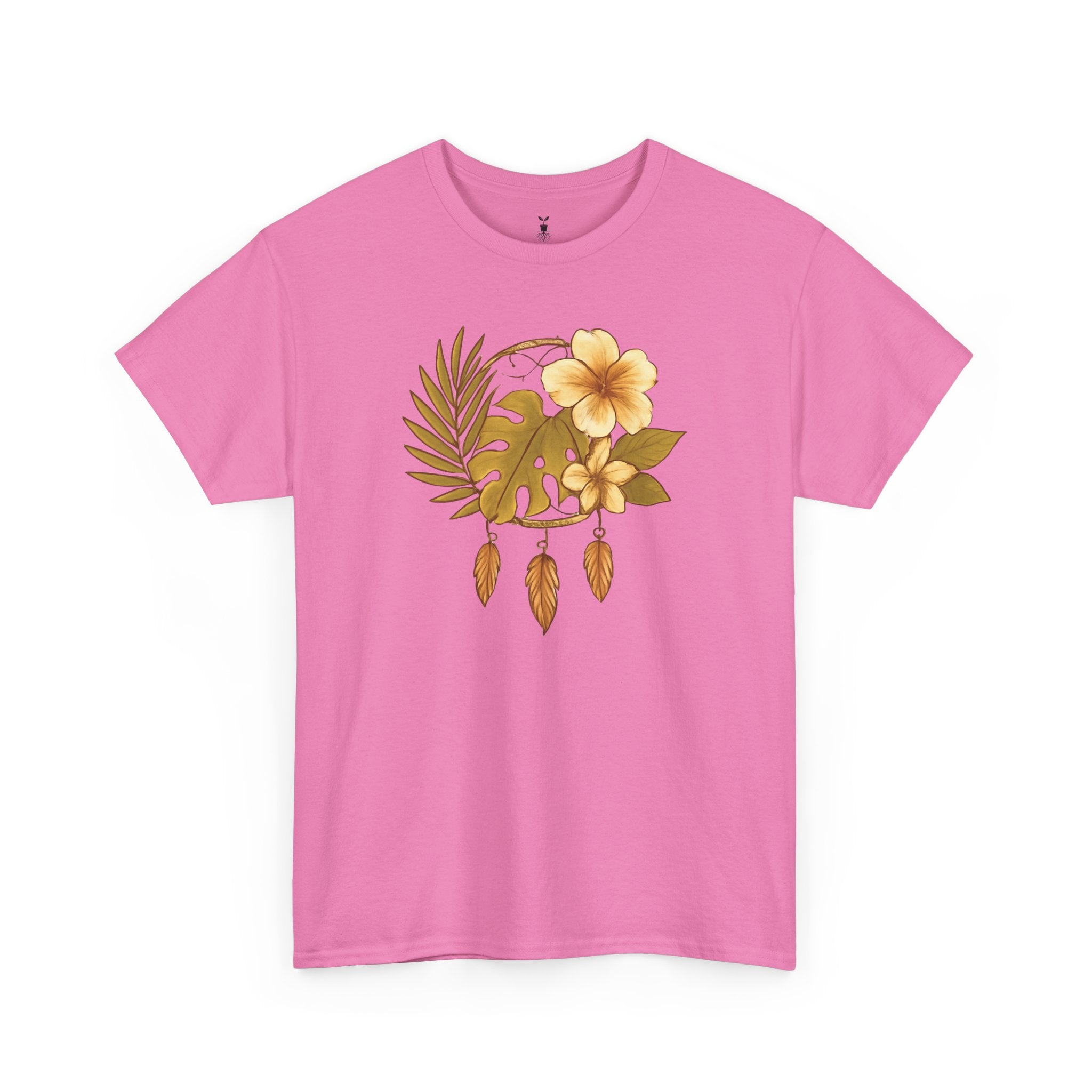 Bohemian Floral Graphic Tee – Tropical Hibiscus with Monstera Leaves and Feathers Design, Aesthetic Nature Shirt