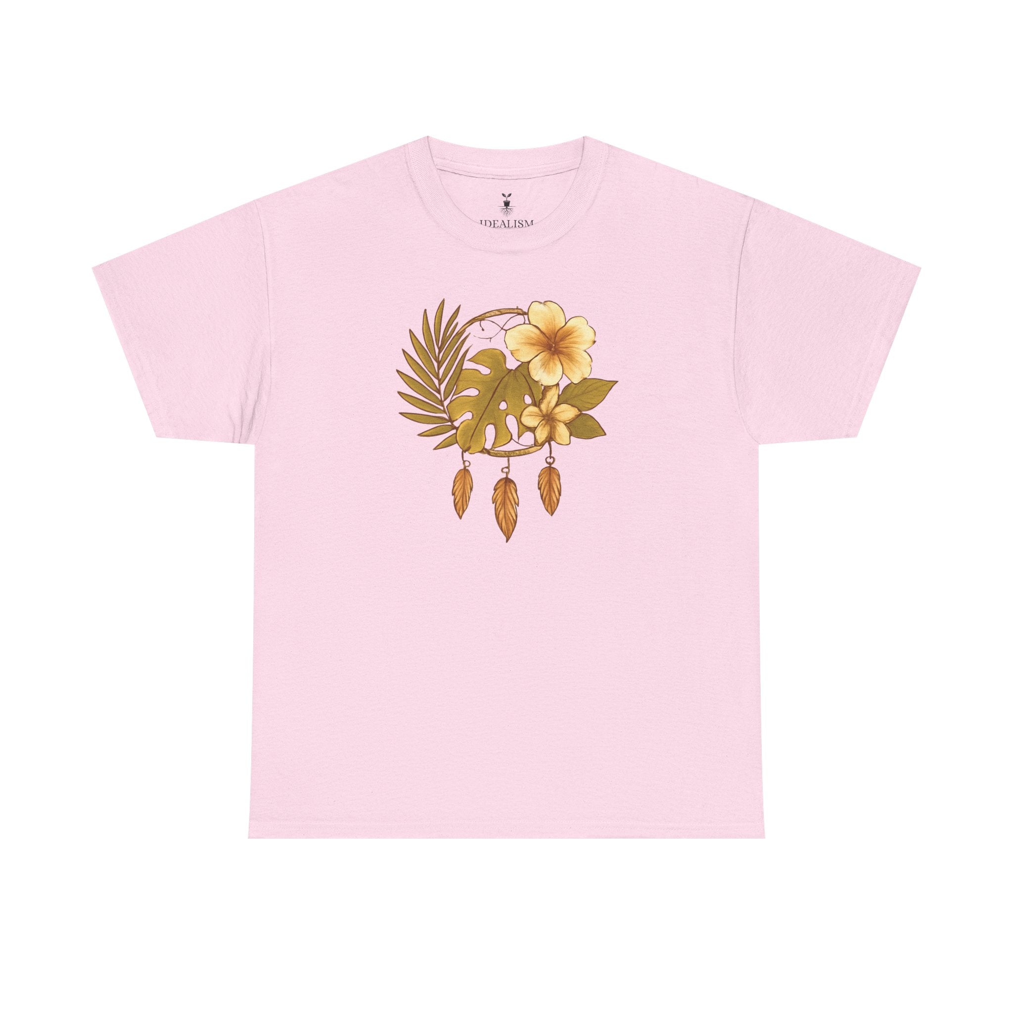 Bohemian Floral Graphic Tee – Tropical Hibiscus with Monstera Leaves and Feathers Design, Aesthetic Nature Shirt