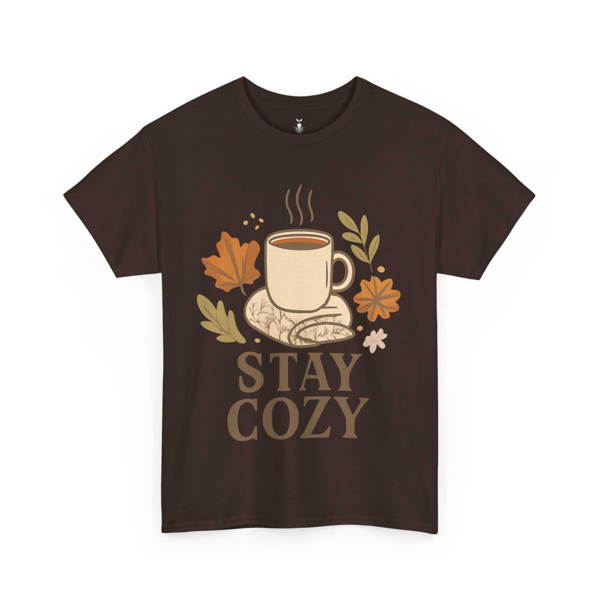 Stay Cozy with Coffee Mug, Blanket, and Falling Leaves T-Shirt