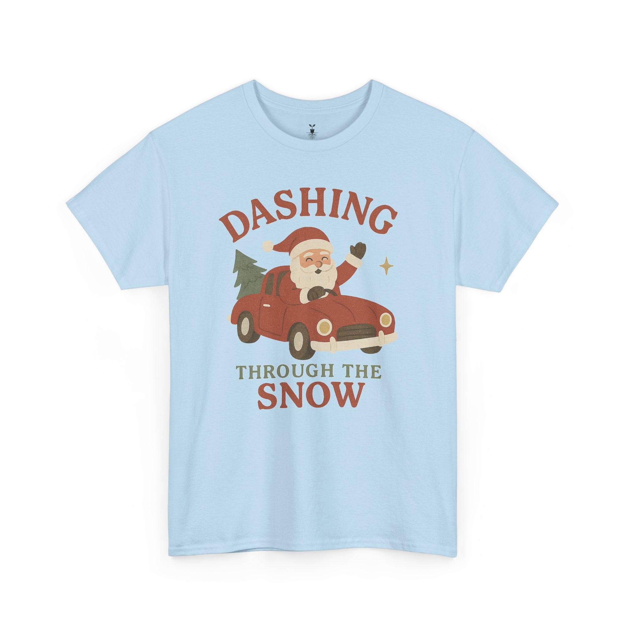 Retro Santa Dashing Through Snow Heavy Cotton T-Shirt – Fun Christmas Graphic with Santa, Car, and Christmas Tree Design