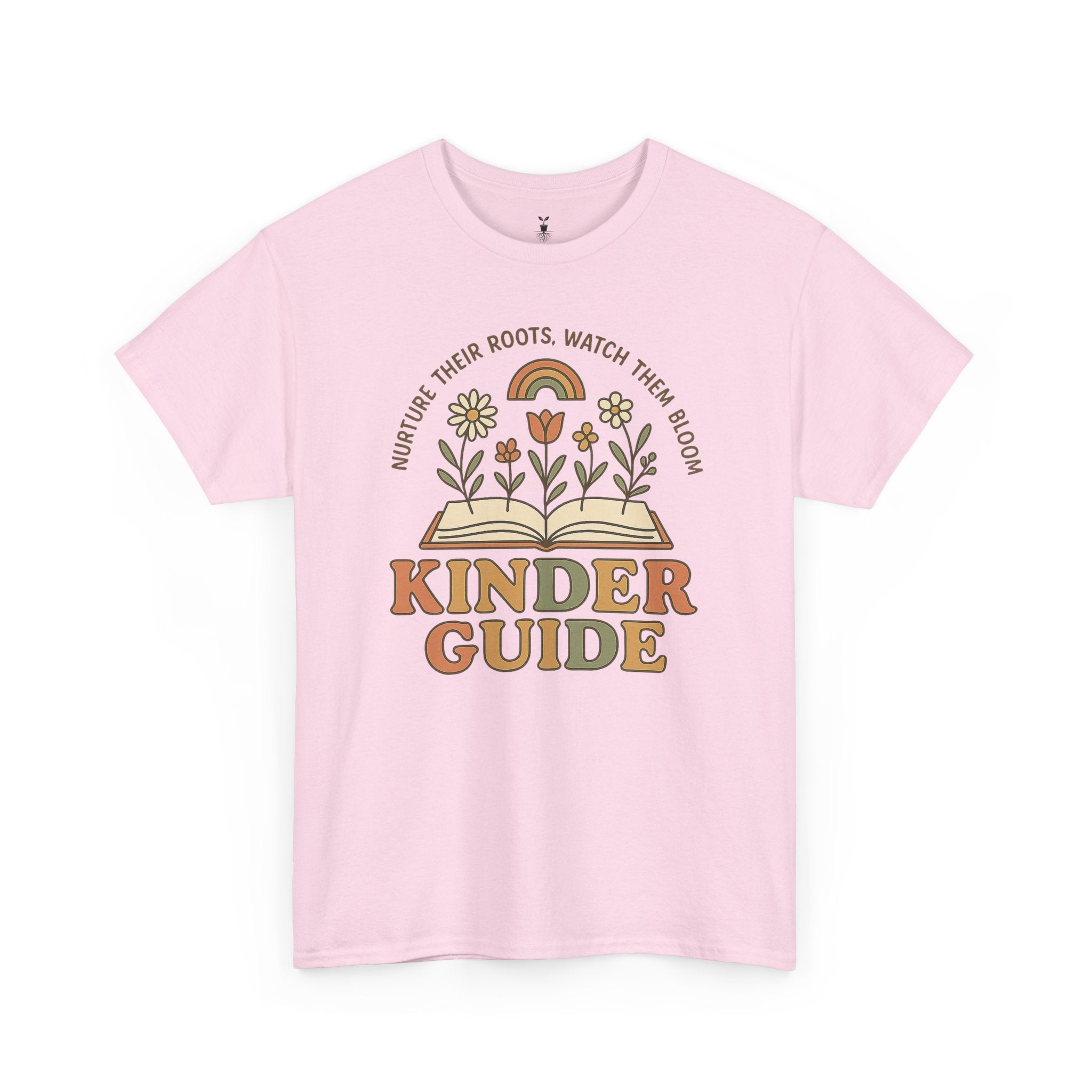 Retro Kinder Guide with Open Book, Blooming Flowers, and Rainbow Inspiration T-Shirt