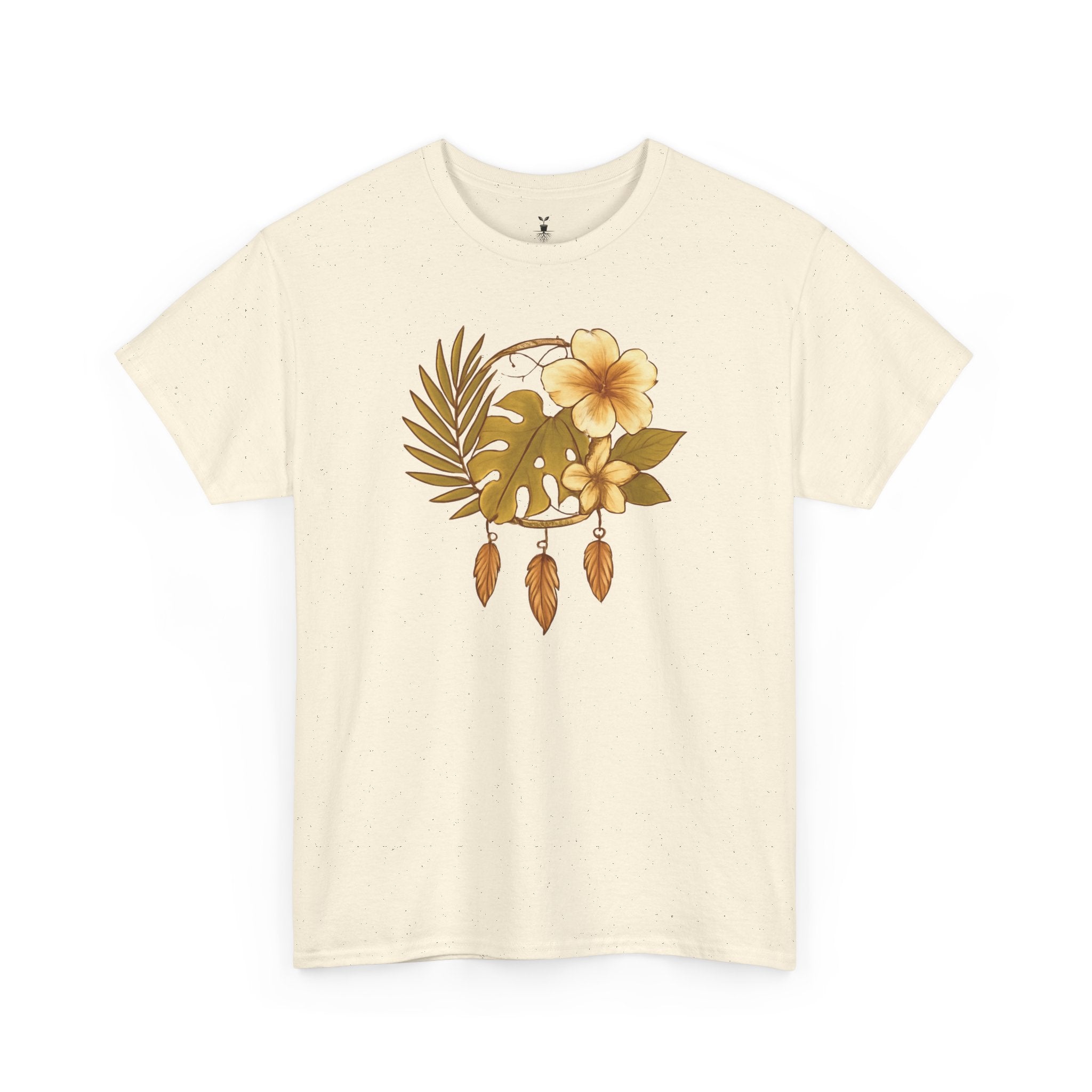 Bohemian Floral Graphic Tee – Tropical Hibiscus with Monstera Leaves and Feathers Design, Aesthetic Nature Shirt