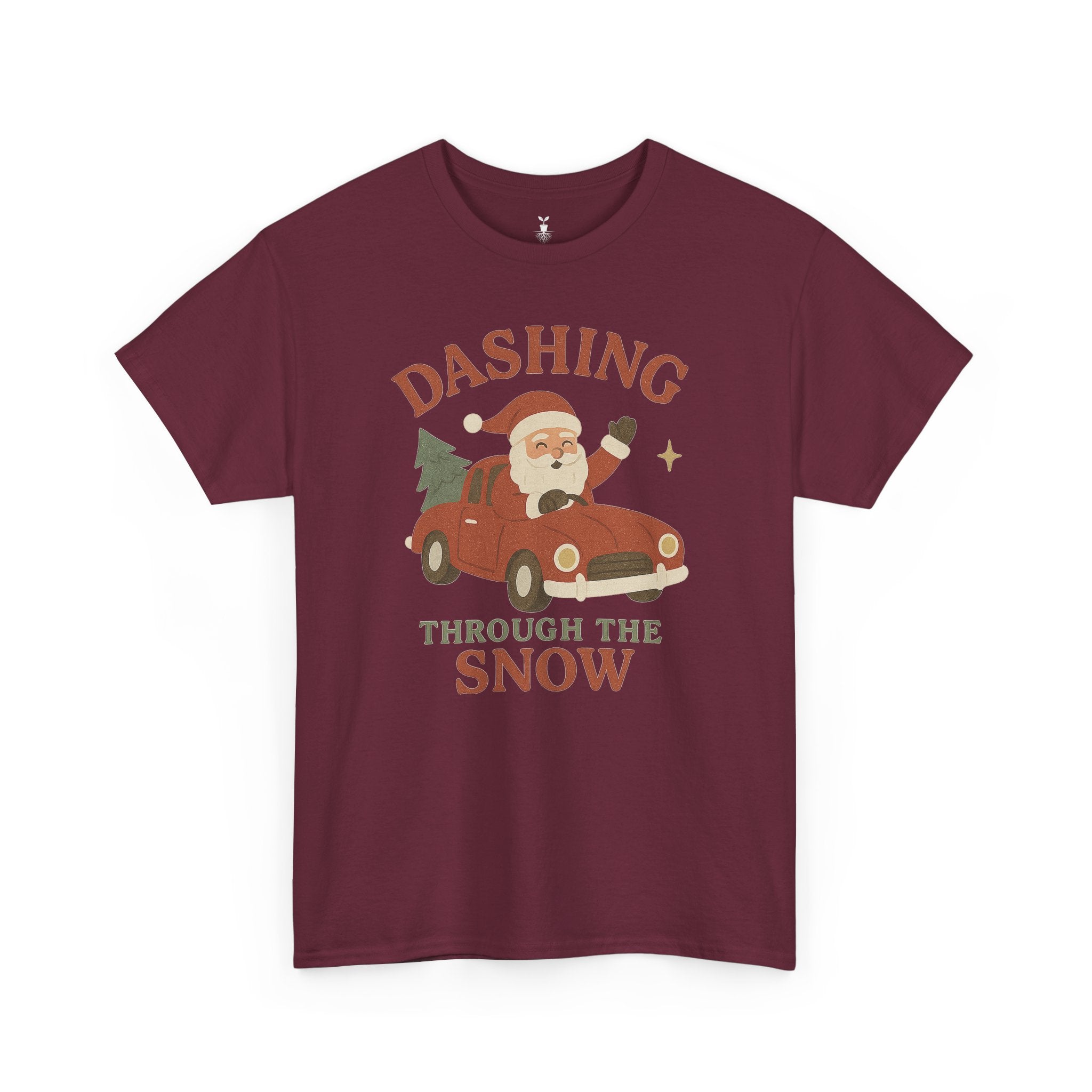 Santa Dashing Through Snow Heavy with Santa, Car, and Christmas Tree Design T-Shirt