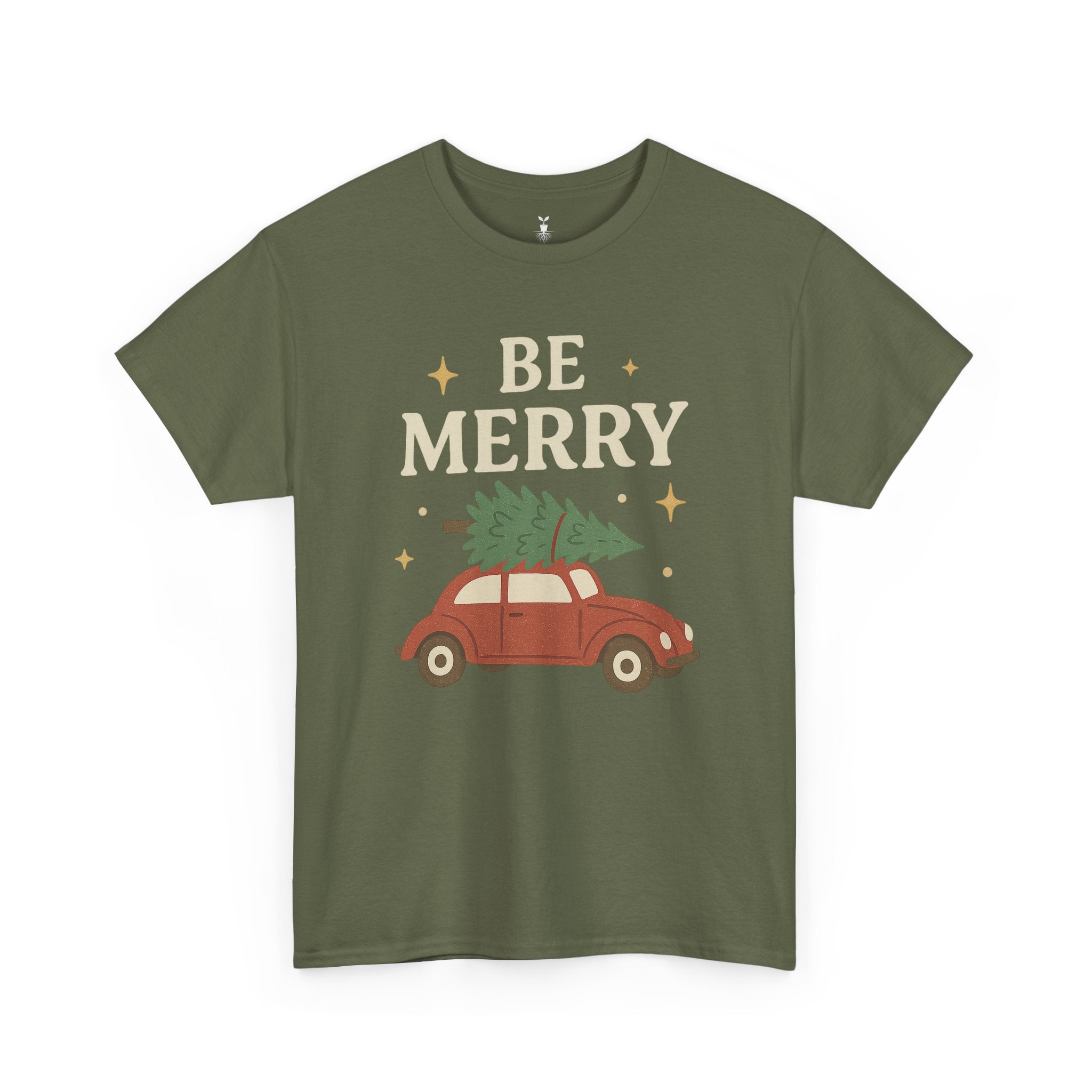 Retro Red Car Carrying Tree and Stars Be Merry Christmas T-Shirt