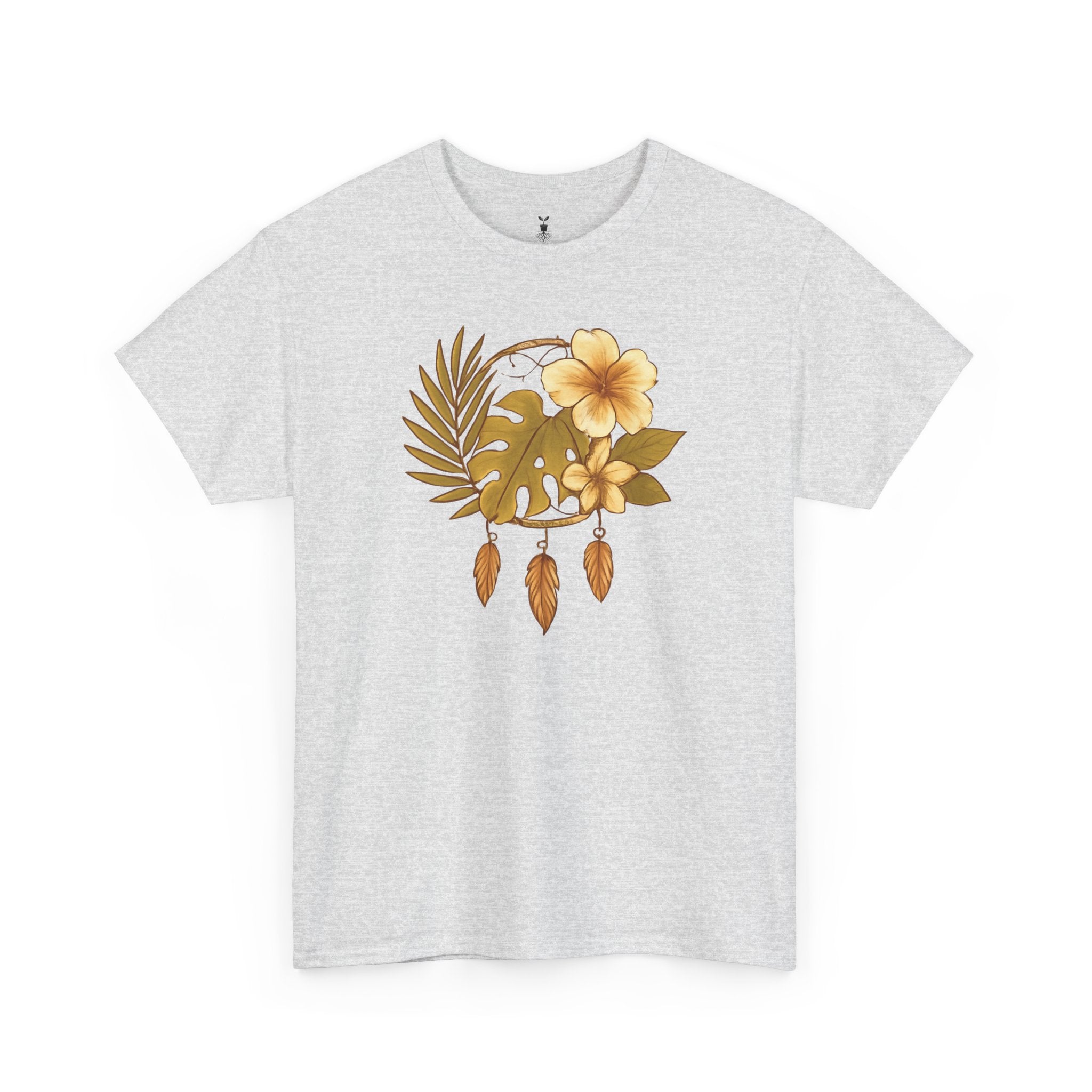 Bohemian Floral Graphic Tee – Tropical Hibiscus with Monstera Leaves and Feathers Design, Aesthetic Nature Shirt