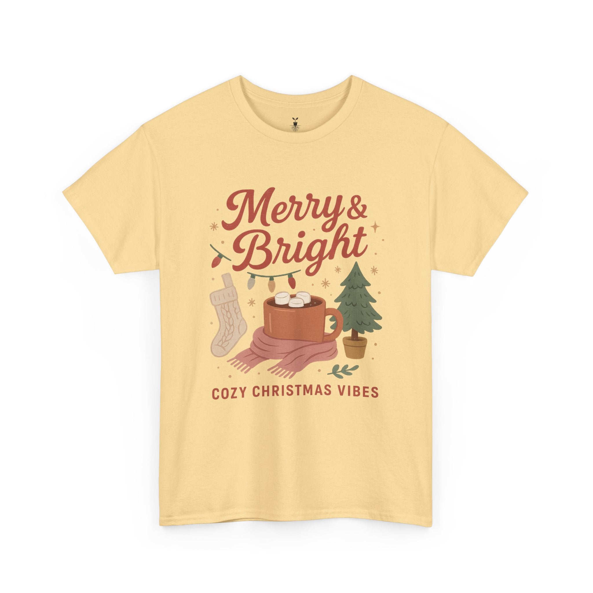 Merry & Bright  Featuring Cocoa Mug, Festive Tree, Autumn Leaves, and Cozy Holiday Vibes T-Shirt