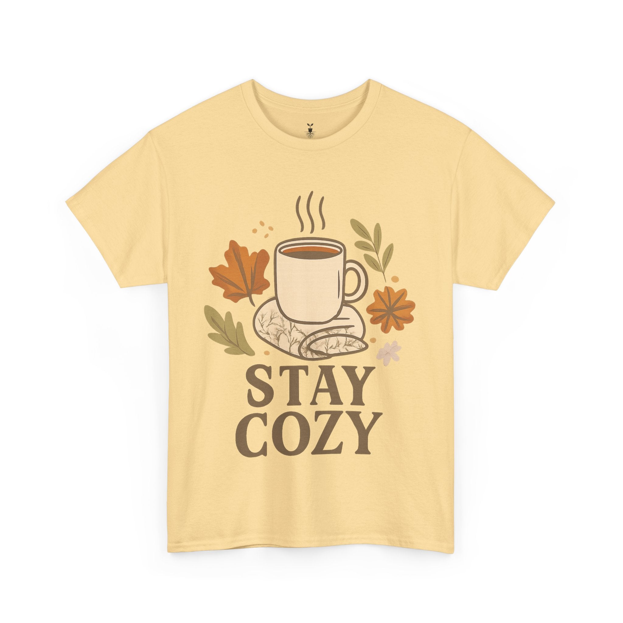 Stay Cozy with Coffee Mug, Blanket, and Falling Leaves T-Shirt