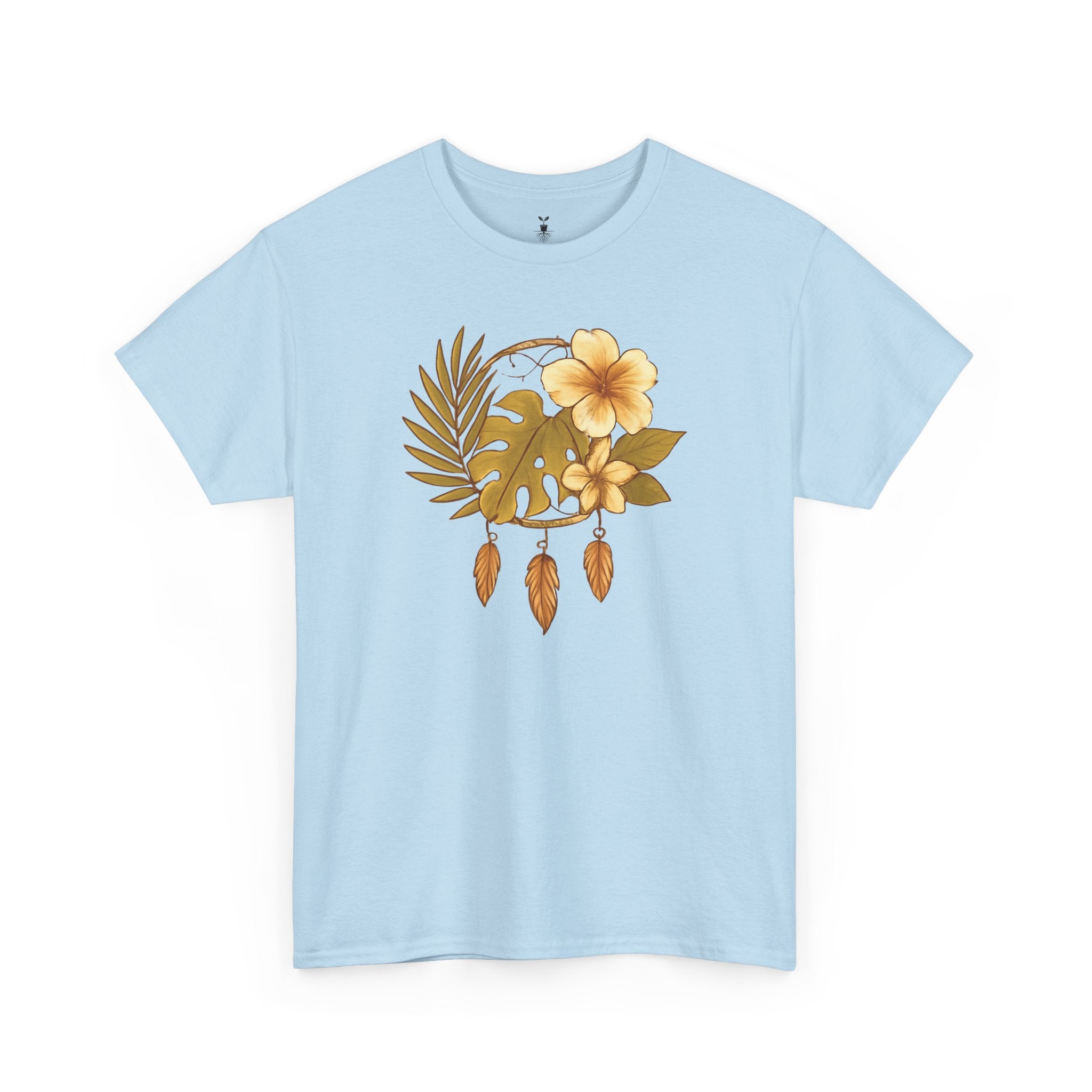 Bohemian Floral Graphic Tee – Tropical Hibiscus with Monstera Leaves and Feathers Design, Aesthetic Nature Shirt