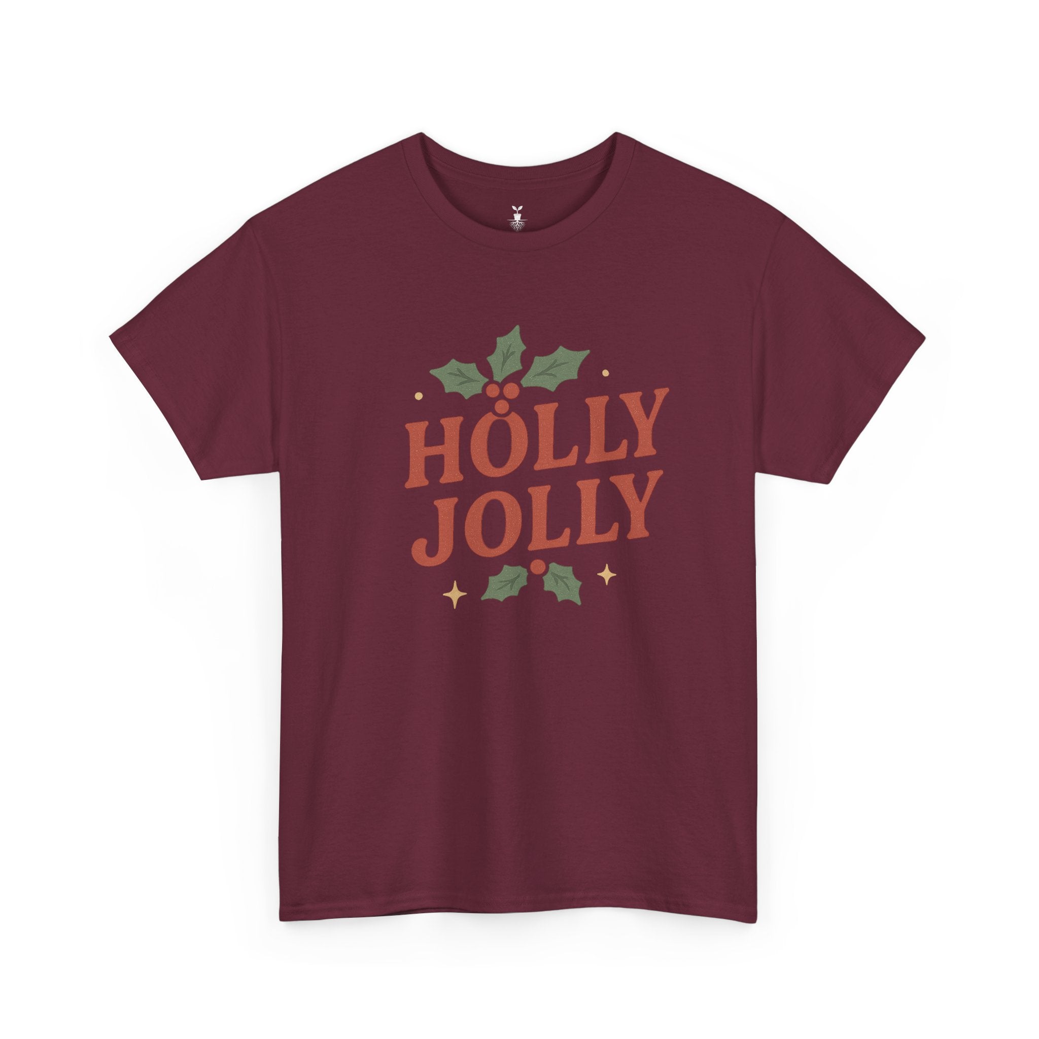 Holly Jolly Christmas with Festive Holly Leaves, Red Berries, and Golden Stars T-shirt