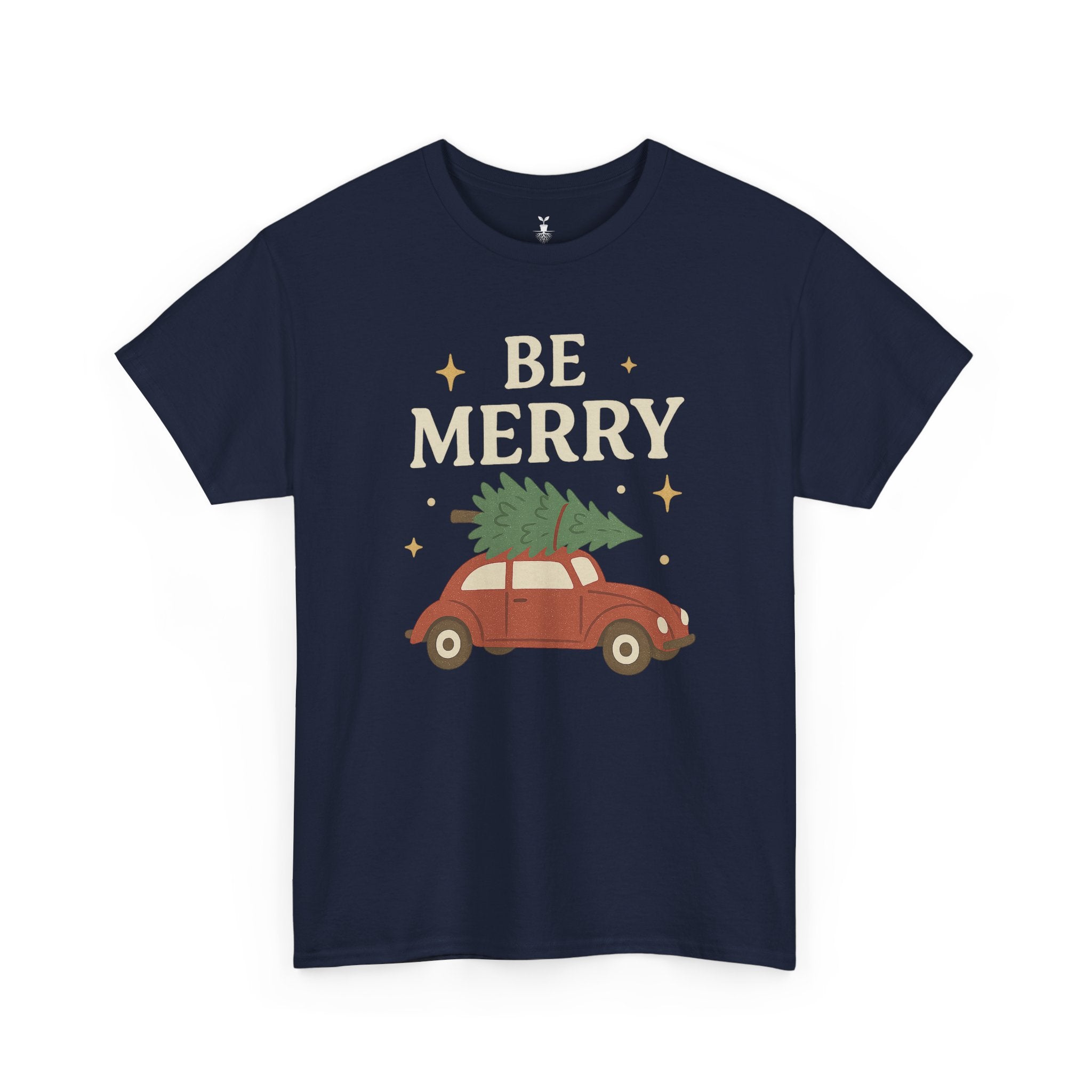 Retro Red Car Carrying Tree and Stars Be Merry Christmas T-Shirt