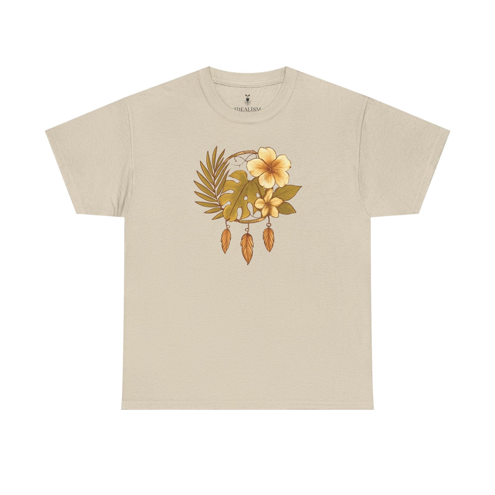Bohemian Floral Graphic Tee – Tropical Hibiscus with Monstera Leaves and Feathers Design, Aesthetic Nature Shirt
